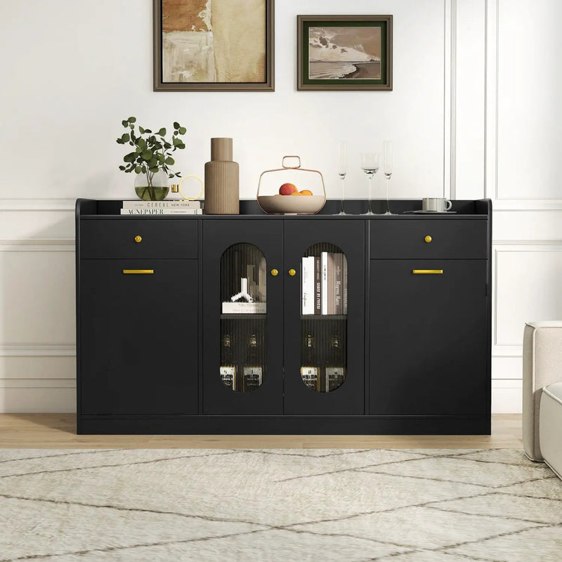 Large Buffet Cabinet Hidden Tilt Out Trash Can Cabinet with 2 Glass Doors by DirectDeals