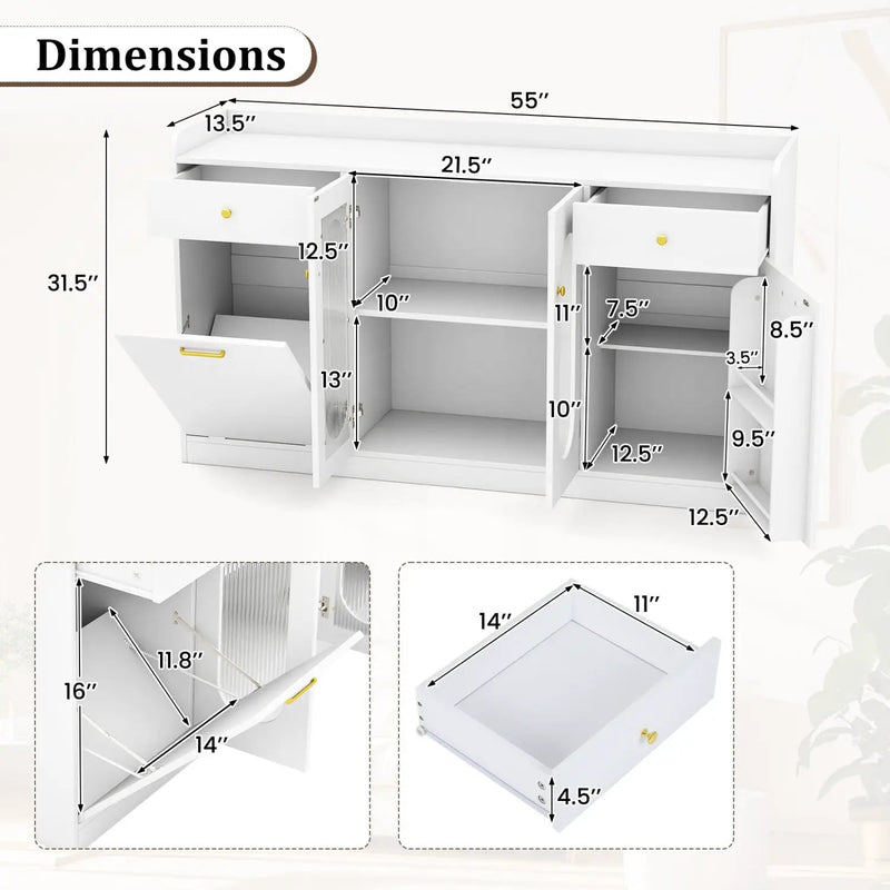 Large Buffet Cabinet Hidden Tilt Out Trash Can Cabinet with 2 Glass Doors by DirectDeals