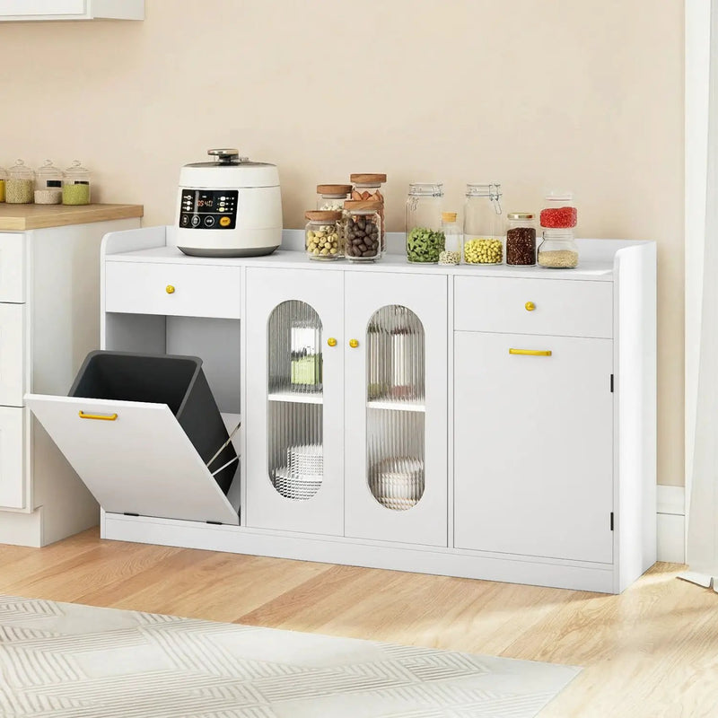 Large Buffet Cabinet Hidden Tilt Out Trash Can Cabinet with 2 Glass Doors by DirectDeals