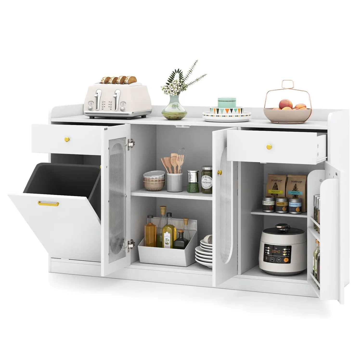 Large Buffet Cabinet Hidden Tilt Out Trash Can Cabinet with 2 Glass Doors by DirectDeals