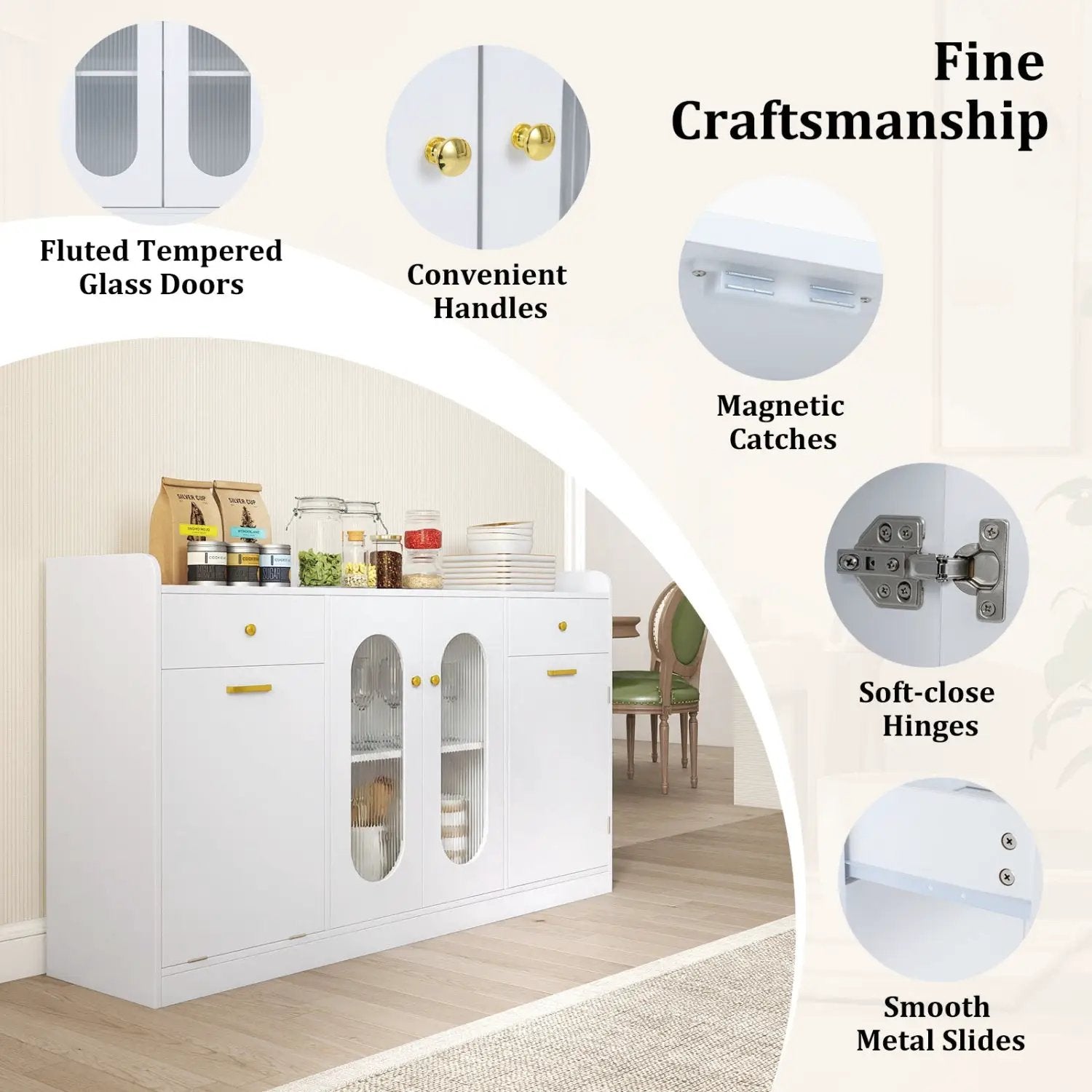 Large Buffet Cabinet Hidden Tilt Out Trash Can Cabinet with 2 Glass Doors by DirectDeals