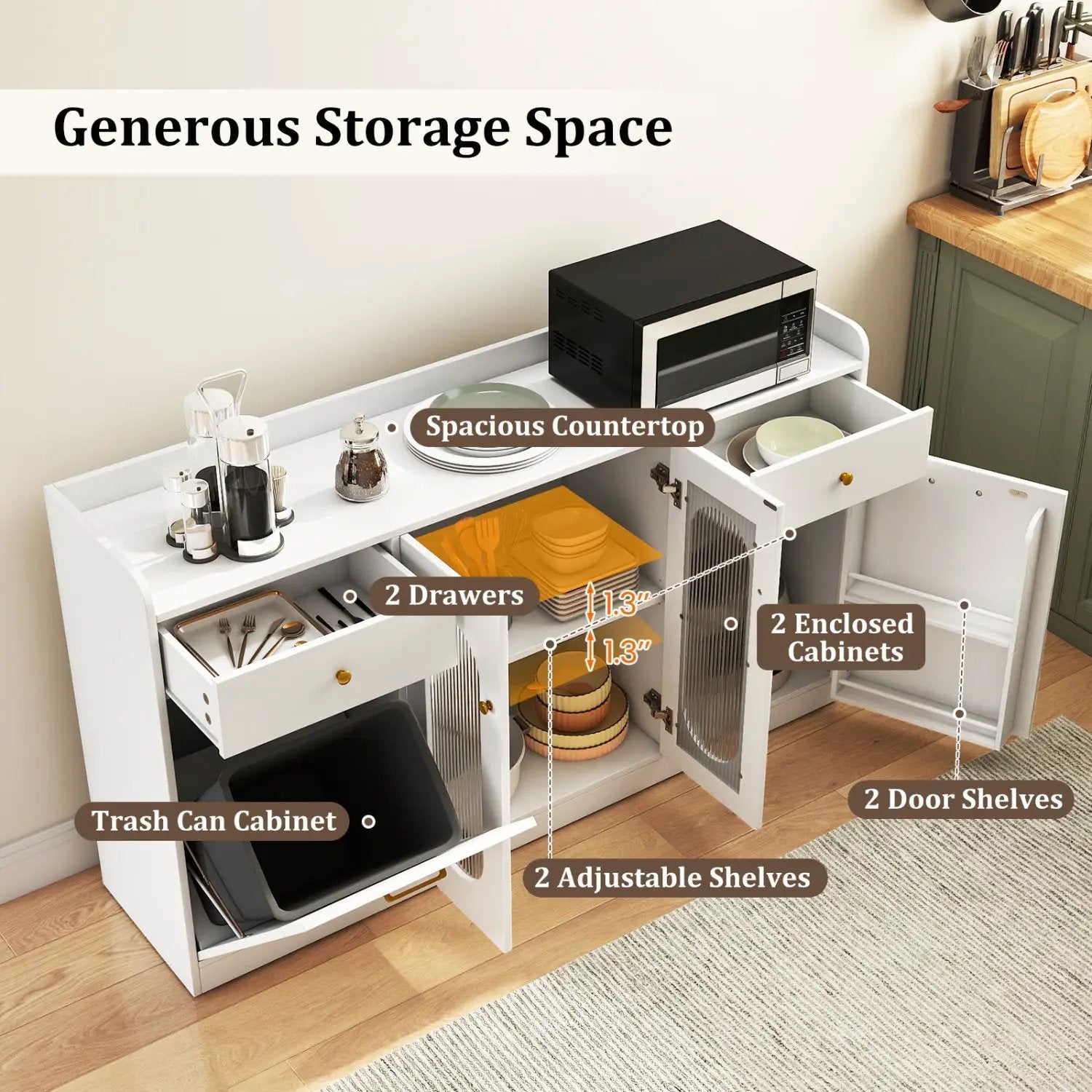 Large Buffet Cabinet Hidden Tilt Out Trash Can Cabinet with 2 Glass Doors by DirectDeals