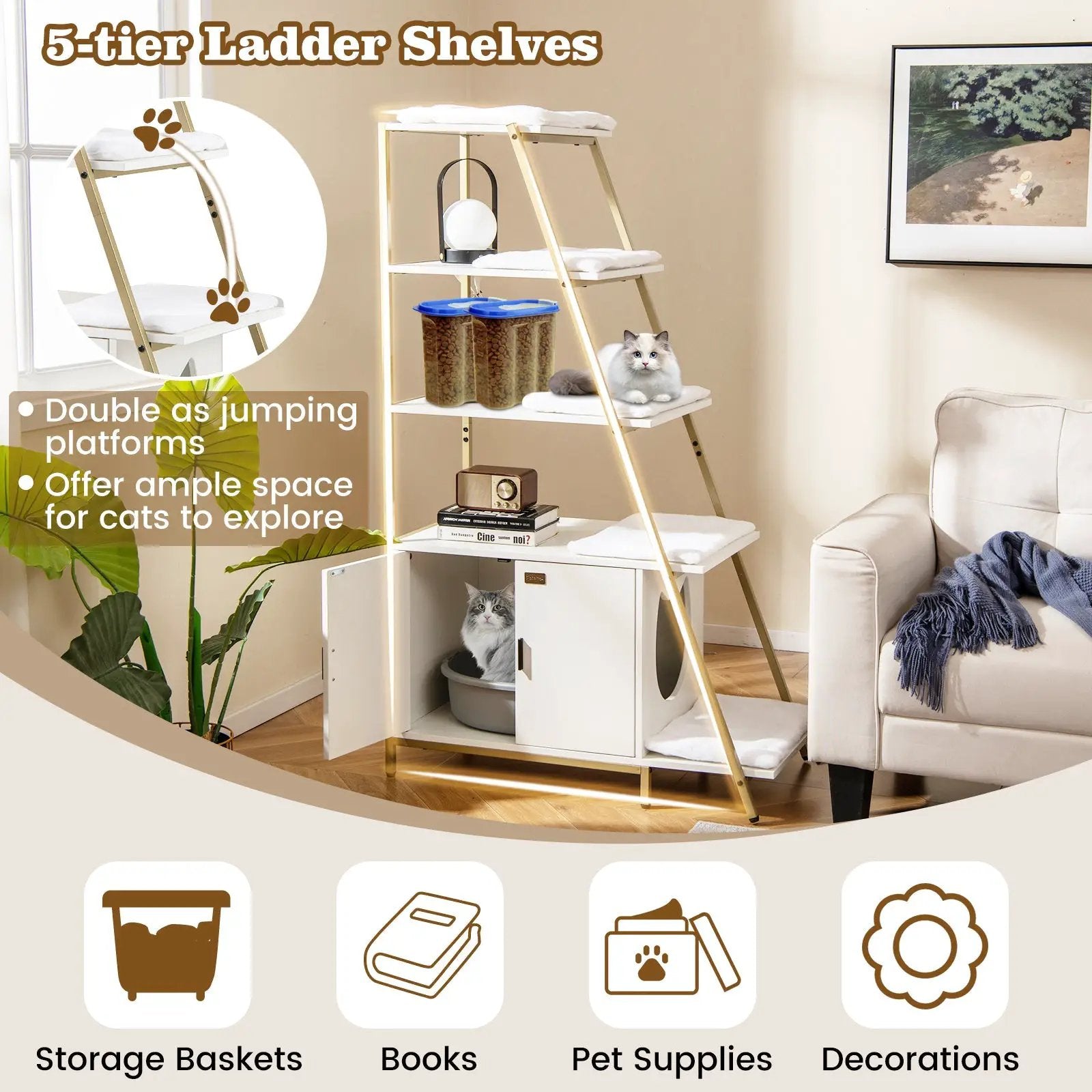 Large Cat Litter Box Enclosure with Storage and Ladder Shelf by DirectDeals