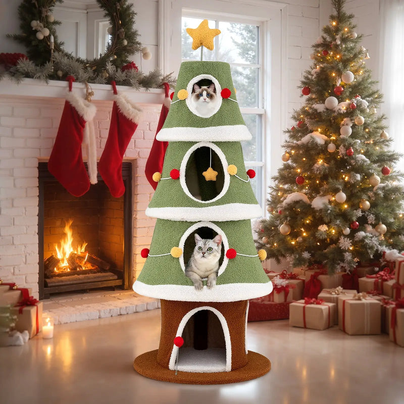 Large Christmas Cat Tree for Indoor Cats 61 Inch Cute Cat Tower with 4 Condos-Green by DirectDeals