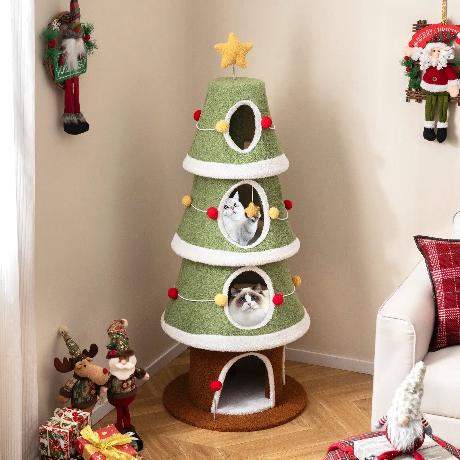 Large Christmas Cat Tree for Indoor Cats 61 Inch Cute Cat Tower with 4 Condos-Green by DirectDeals