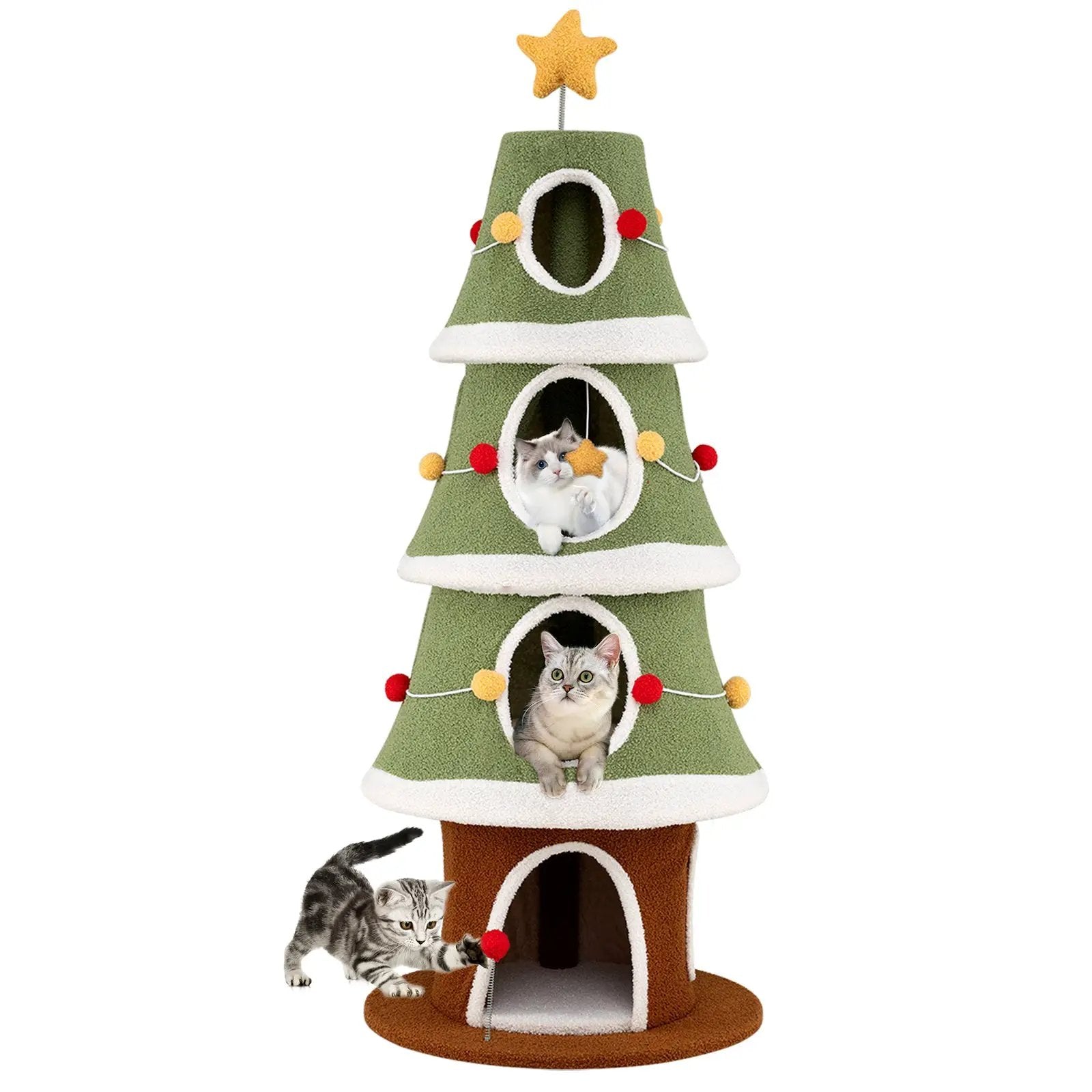 Large Christmas Cat Tree for Indoor Cats 61 Inch Cute Cat Tower with 4 Condos-Green by DirectDeals