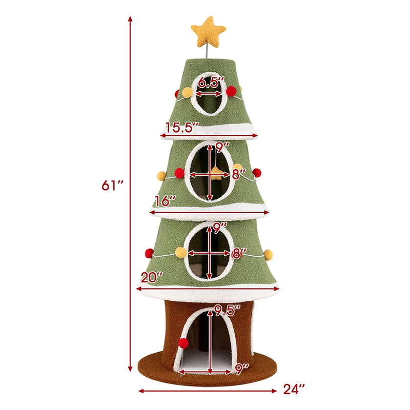 Large Christmas Cat Tree for Indoor Cats 61 Inch Cute Cat Tower with 4 Condos-Green by DirectDeals