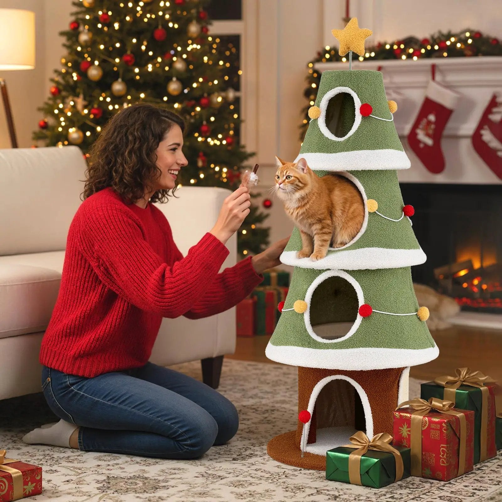 Large Christmas Cat Tree for Indoor Cats 61 Inch Cute Cat Tower with 4 Condos-Green by DirectDeals