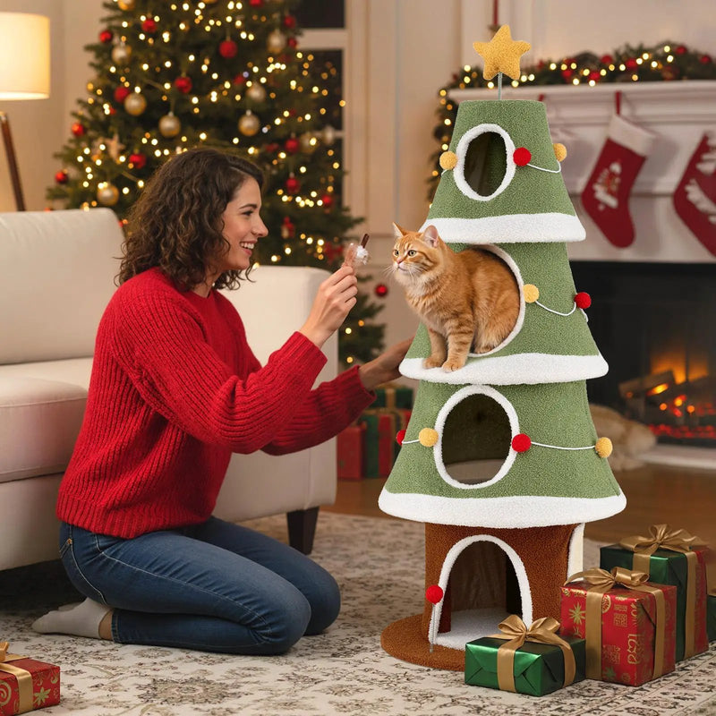 Large Christmas Cat Tree for Indoor Cats 61 Inch Cute Cat Tower with 4 Condos-Green by DirectDeals
