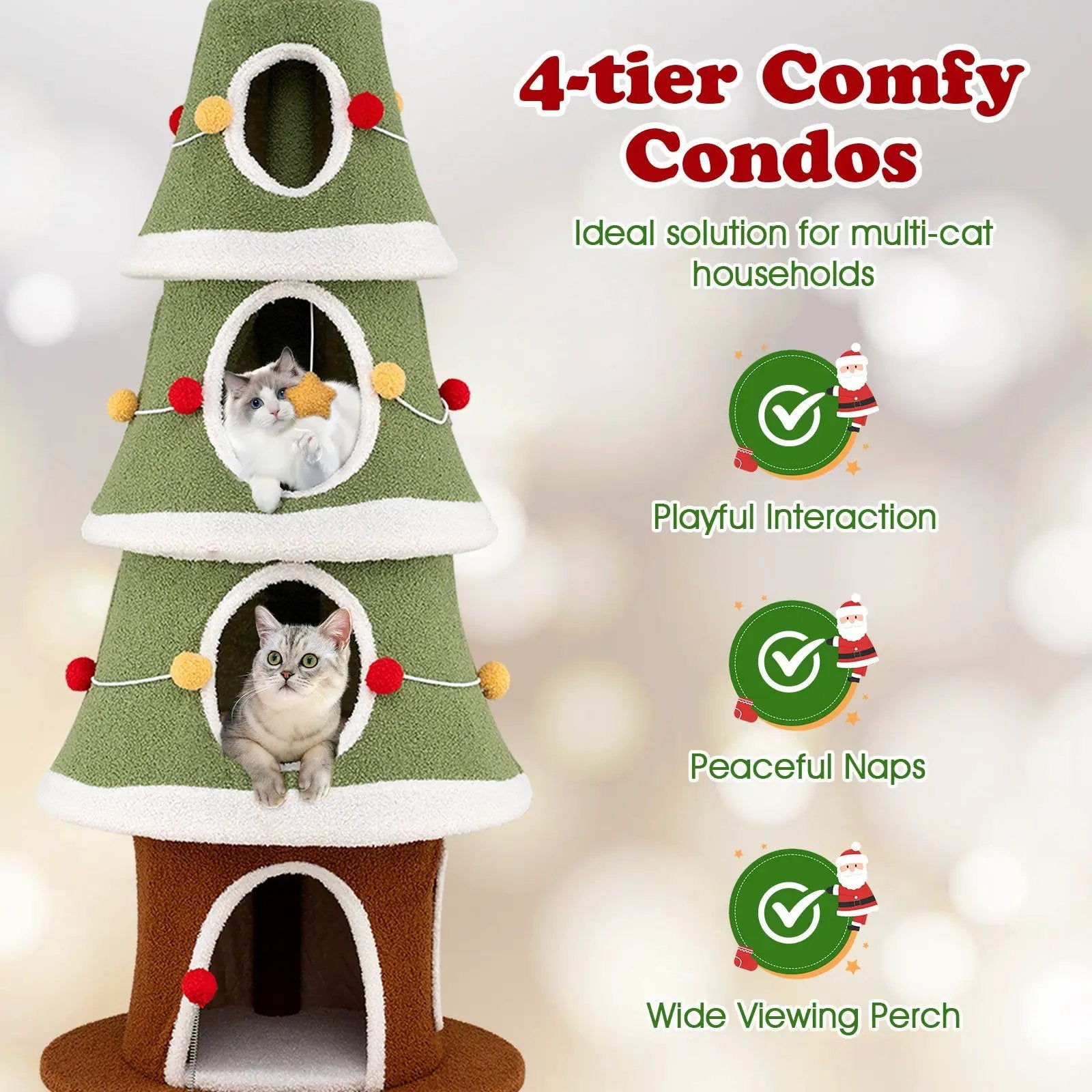 Large Christmas Cat Tree for Indoor Cats 61 Inch Cute Cat Tower with 4 Condos-Green by DirectDeals