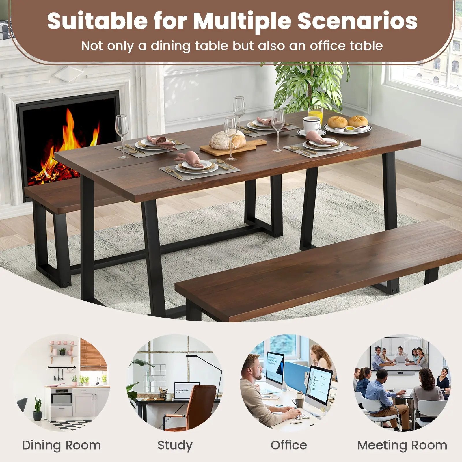 Large Dining Table with Heavy-duty Metal Frame and Anti-slip Foot Pads by DirectDeals