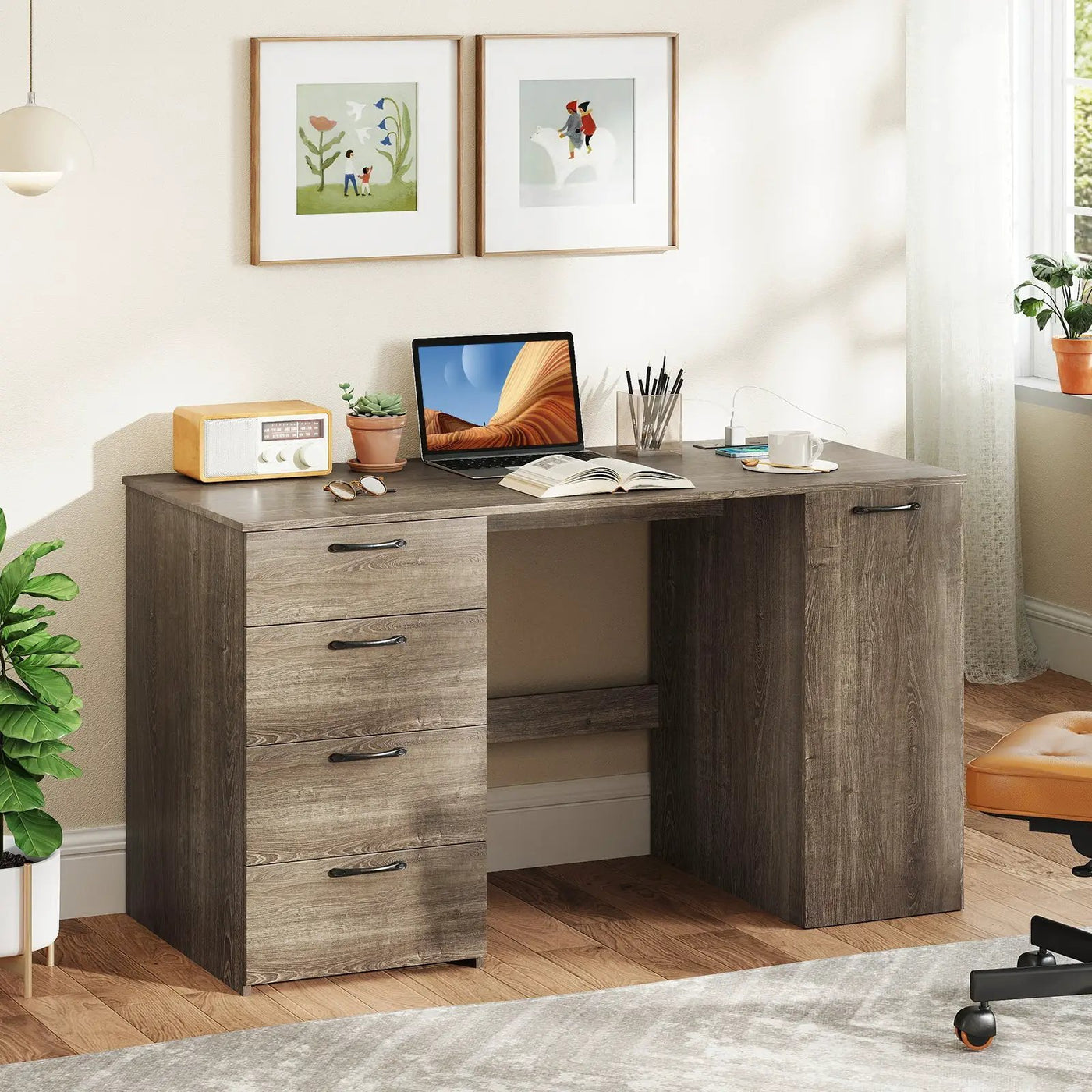 53 Inches Computer Desk with Power Outlets and 4 Storage Drawers by DirectDeals