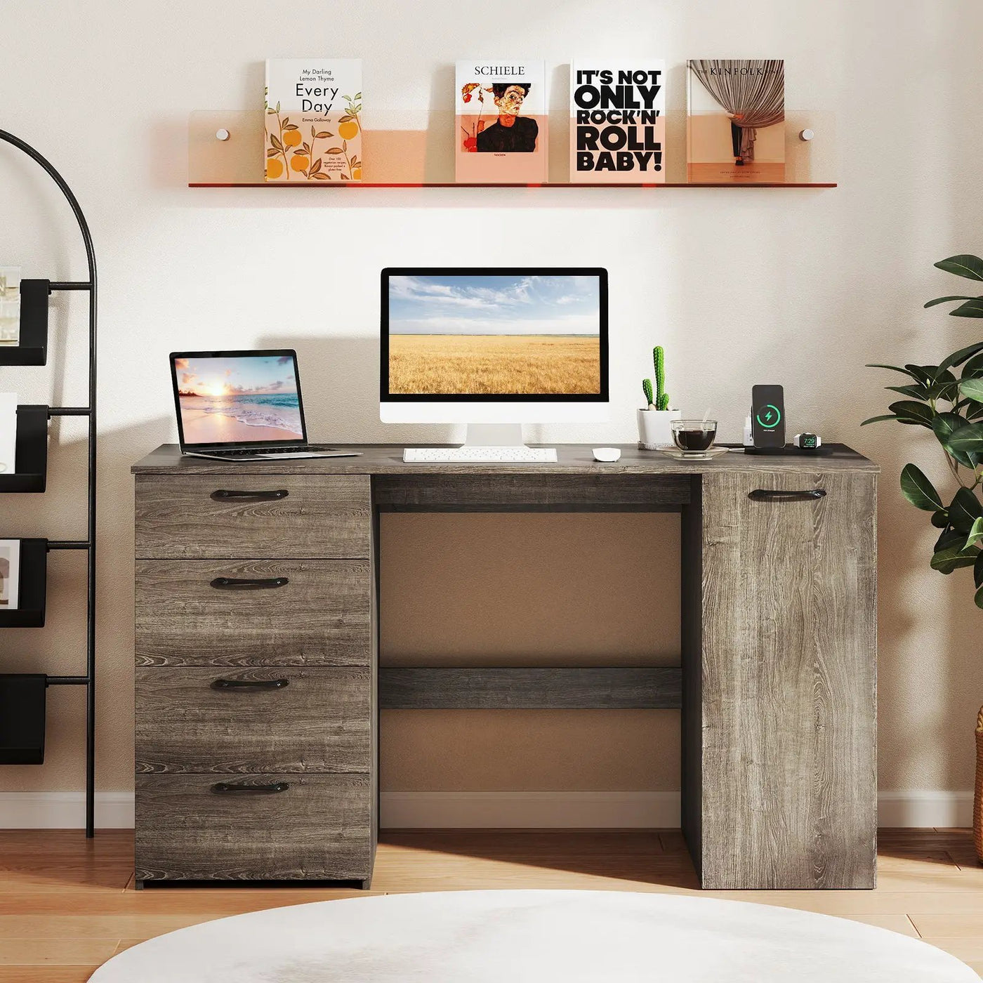 53 Inches Computer Desk with Power Outlets and 4 Storage Drawers by DirectDeals