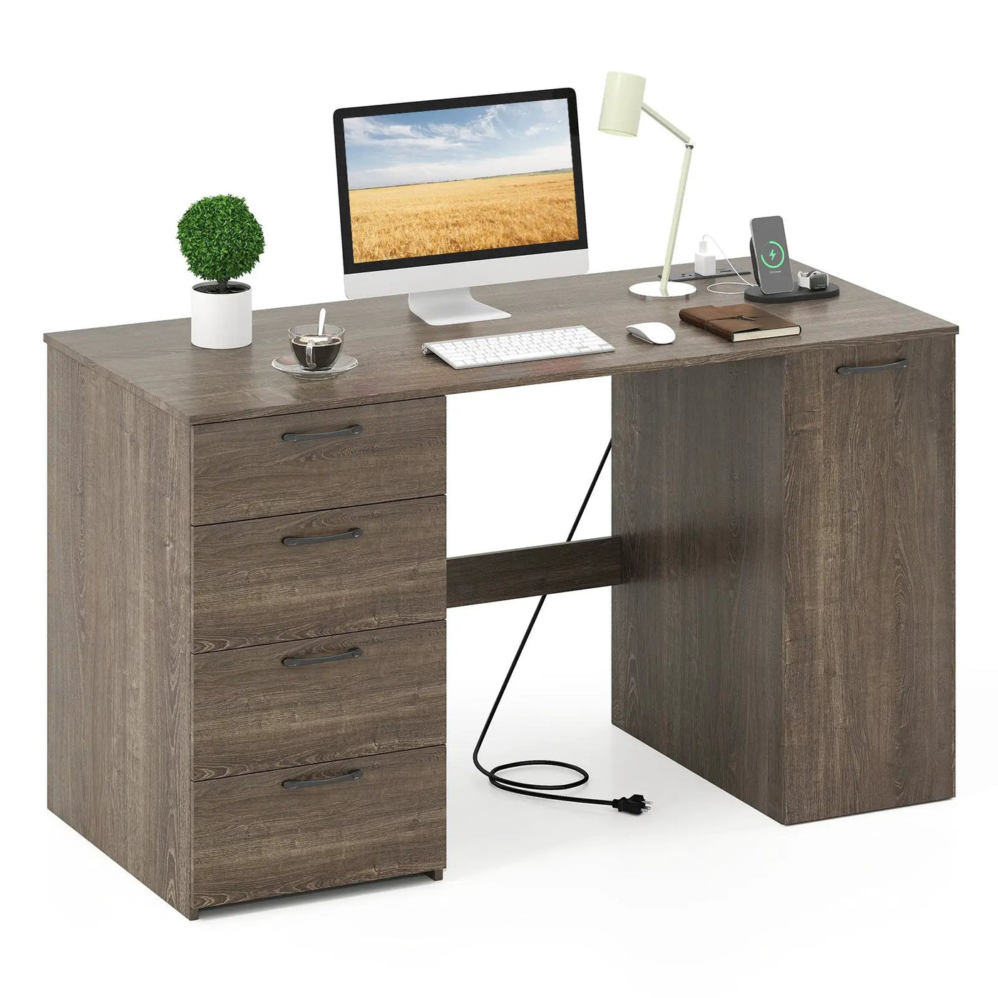 53 Inches Computer Desk with Power Outlets and 4 Storage Drawers by DirectDeals