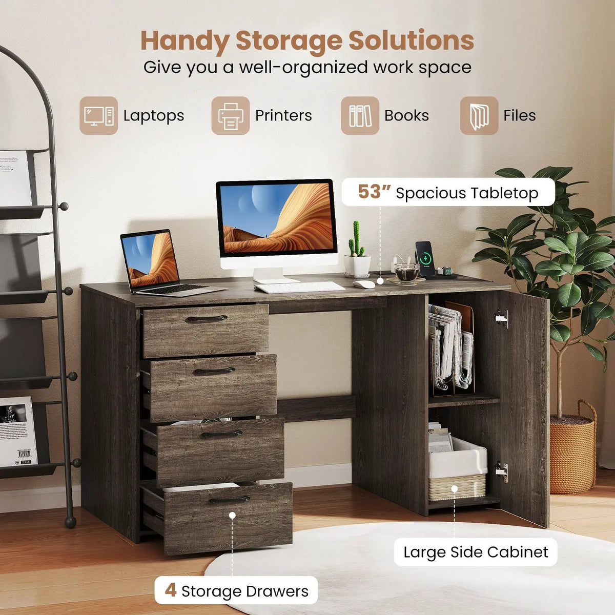 53 Inches Computer Desk with Power Outlets and 4 Storage Drawers by DirectDeals