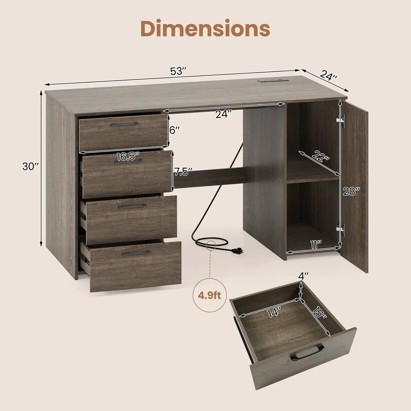 53 Inches Computer Desk with Power Outlets and 4 Storage Drawers by DirectDeals