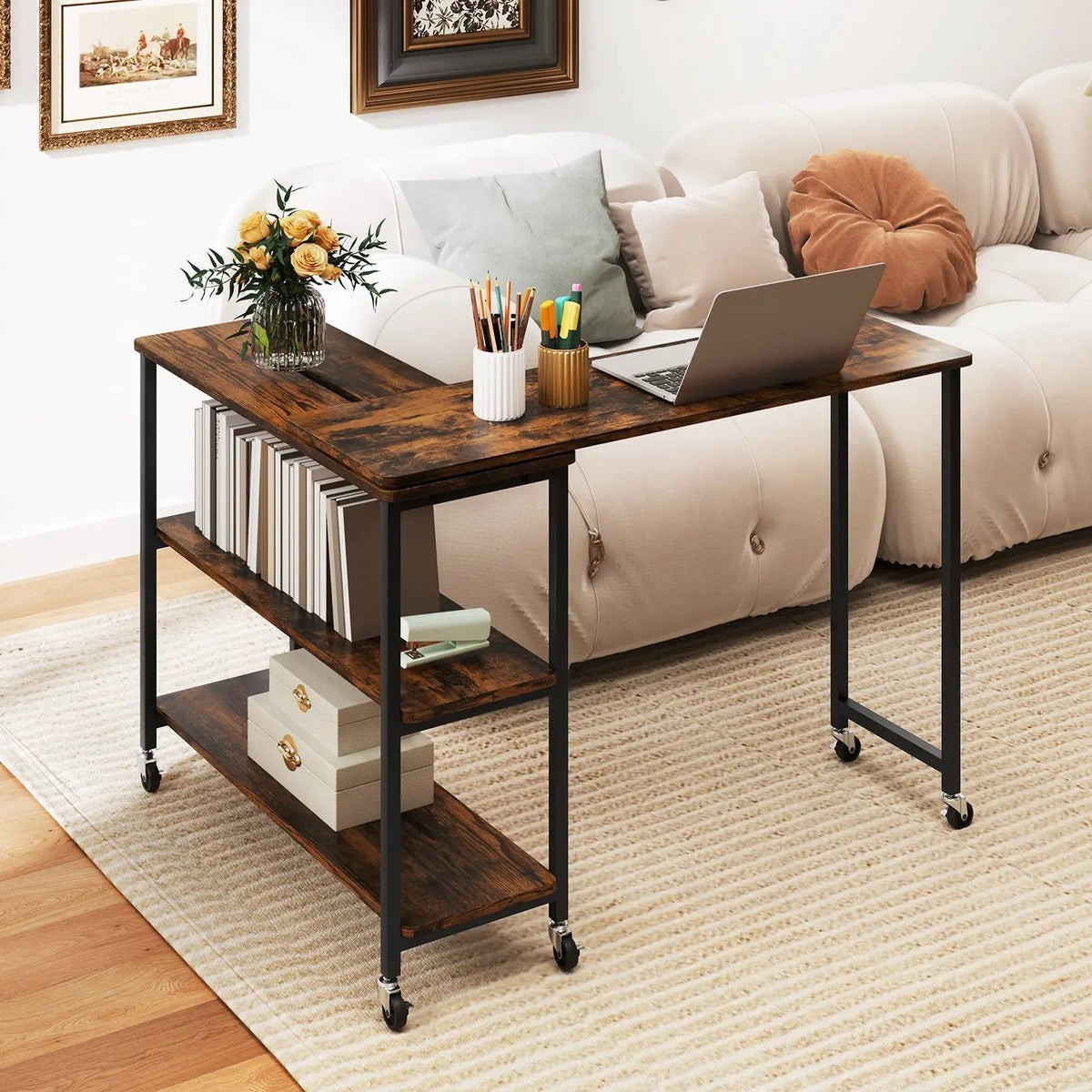 Patented Large 360-Degree Free Rotating Sofa Side Table with Wheels and Storage Shelf by DirectDeals
