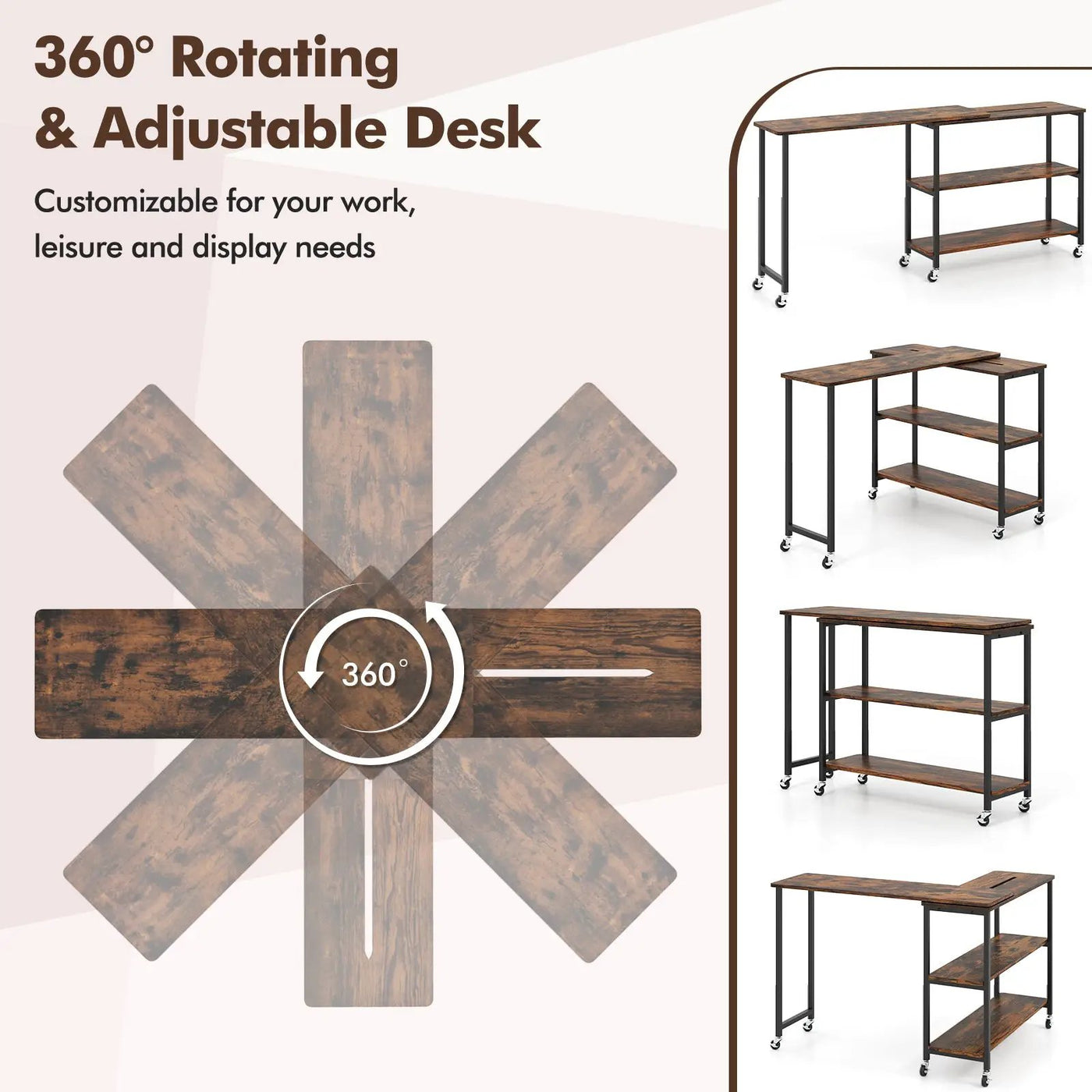 Patented Large 360-Degree Free Rotating Sofa Side Table with Wheels and Storage Shelf by DirectDeals