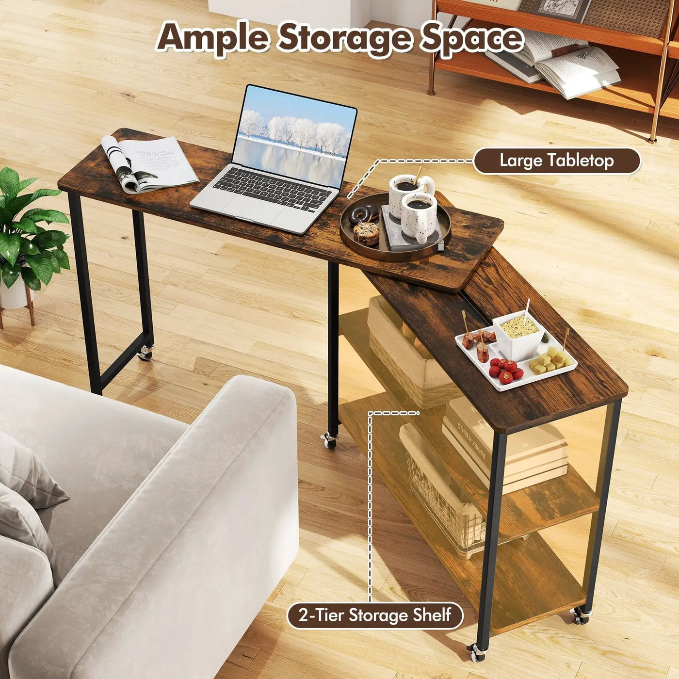 Patented Large 360-Degree Free Rotating Sofa Side Table with Wheels and Storage Shelf by DirectDeals