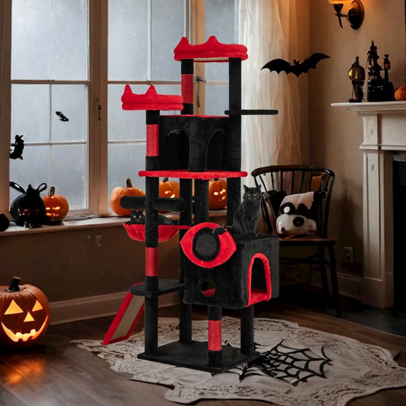 Large Gothic Cat Tree with Cat Condos and Plush Perches-Black & Red by DirectDeals