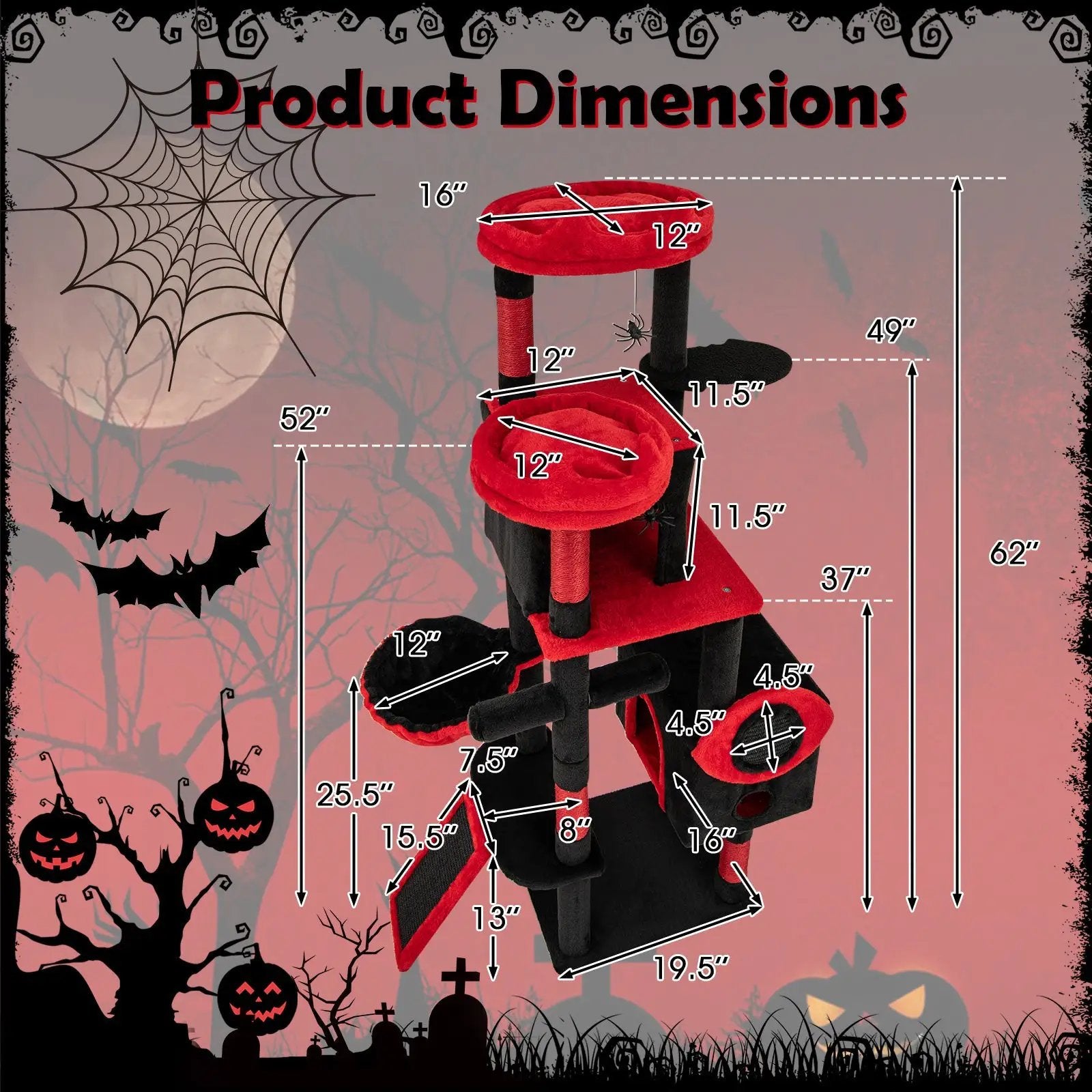 Large Gothic Cat Tree with Cat Condos and Plush Perches-Black & Red by DirectDeals