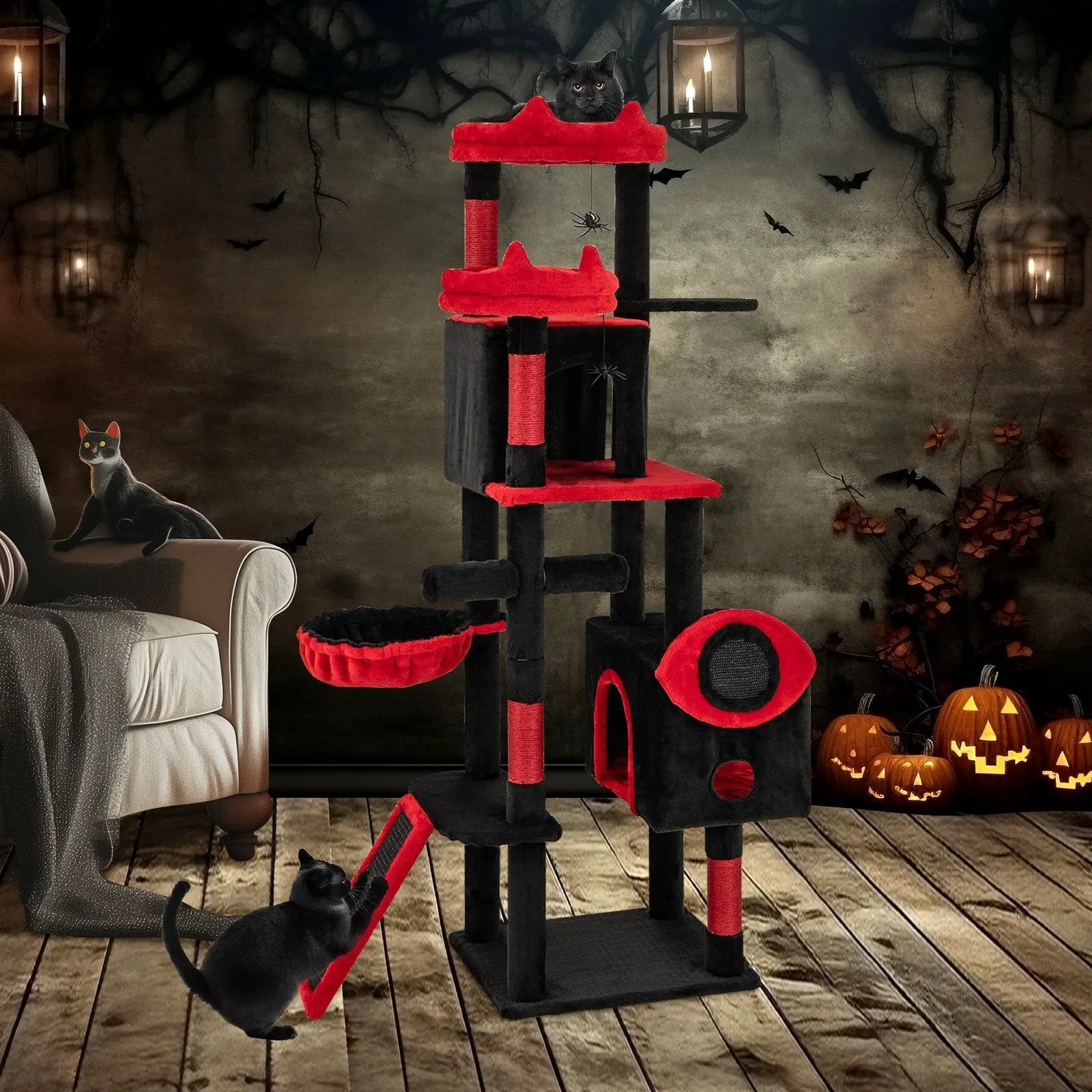 Large Gothic Cat Tree with Cat Condos and Plush Perches-Black & Red by DirectDeals