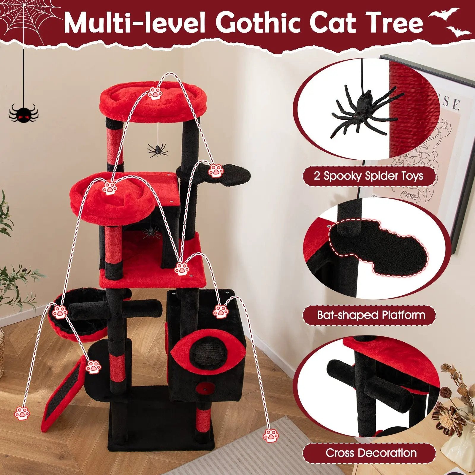 Large Gothic Cat Tree with Cat Condos and Plush Perches-Black & Red by DirectDeals