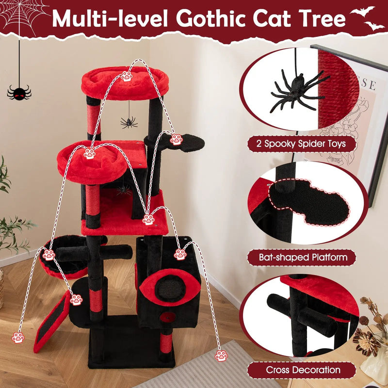 Large Gothic Cat Tree with Cat Condos and Plush Perches-Black & Red by DirectDeals