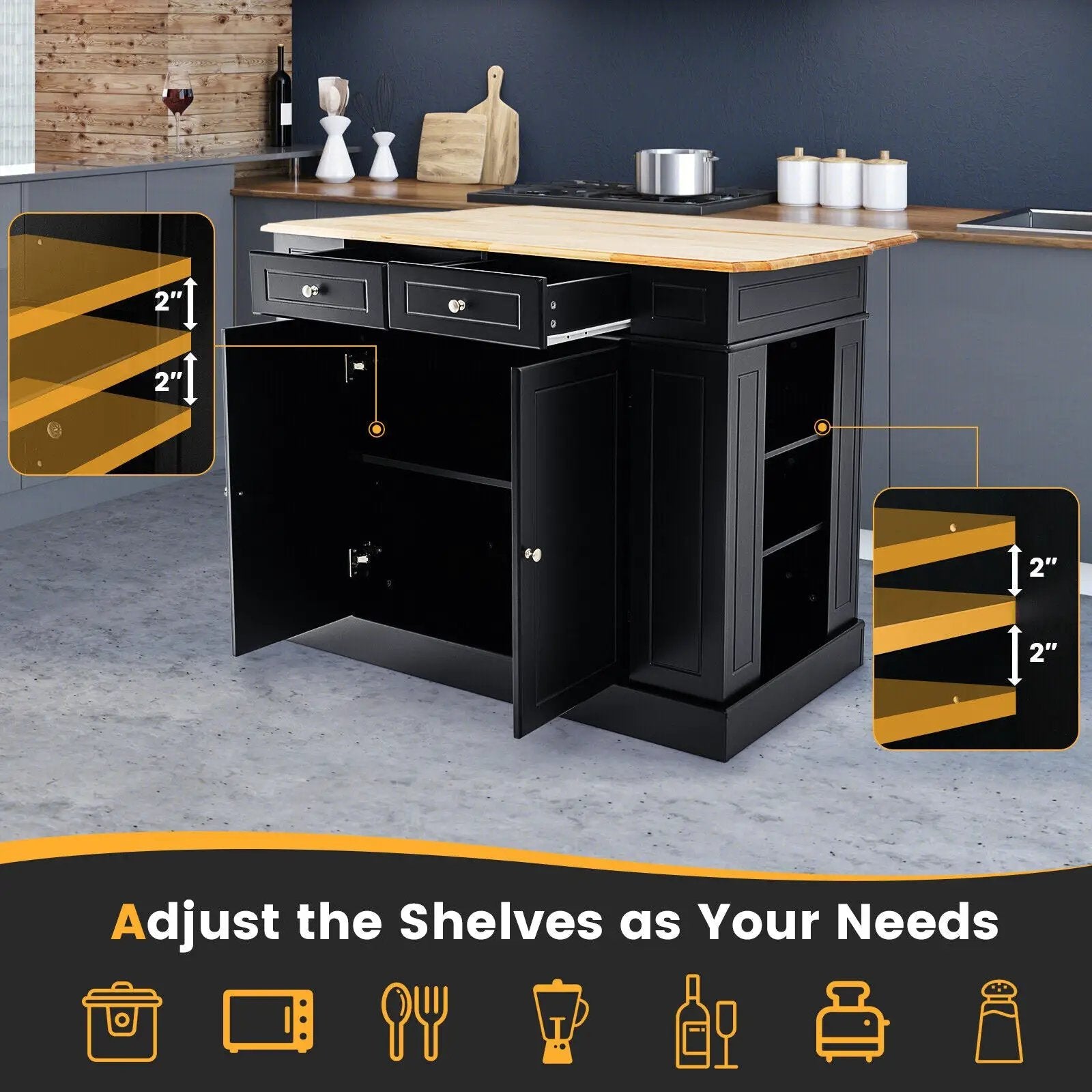 Kitchen Island with Storage and 3-Level Adjustable Shelves by DirectDeals