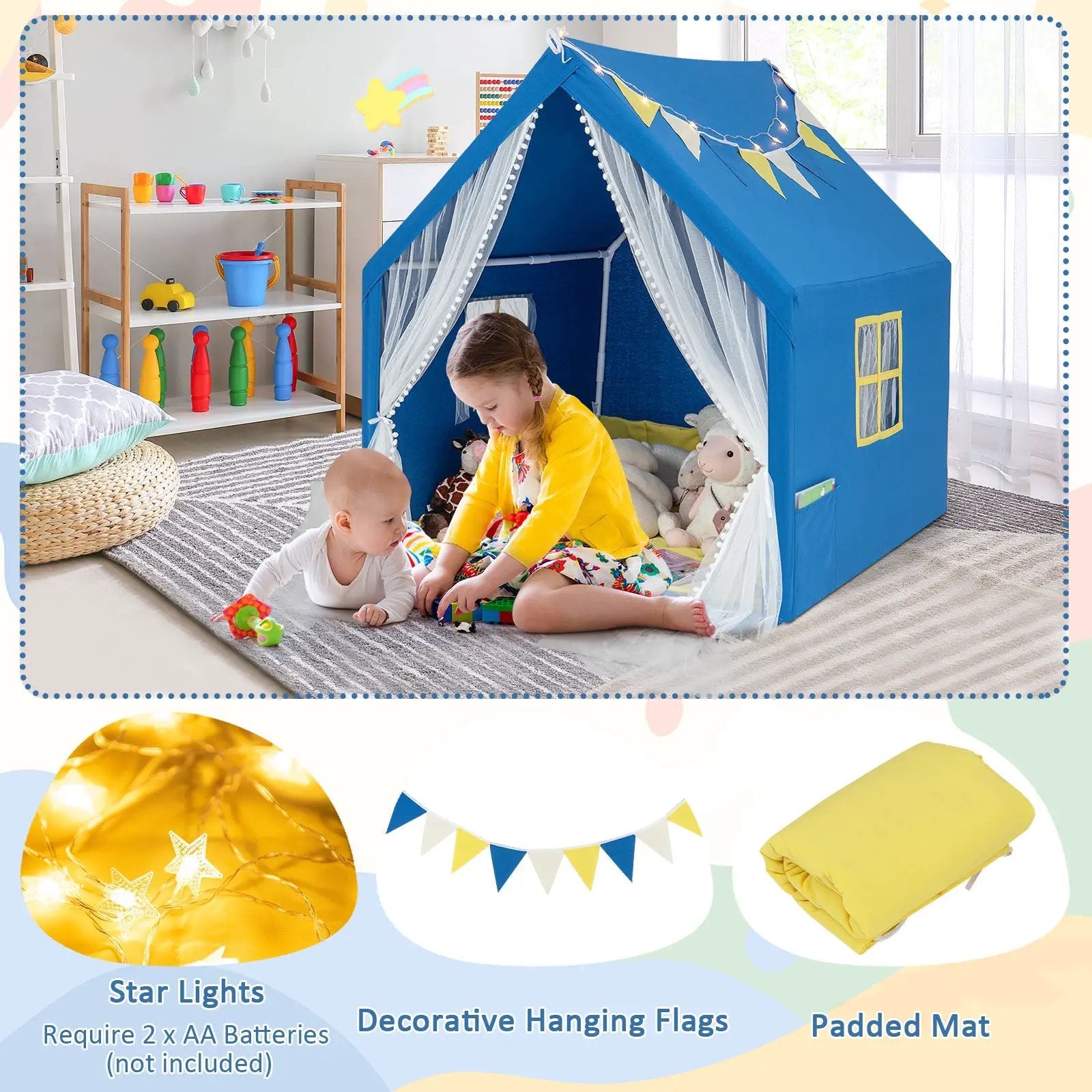 48 x 42 x 50 Inch Large Play Tent with Washable Cotton Mat Holiday Birthday Gift for Kids by DirectDeals