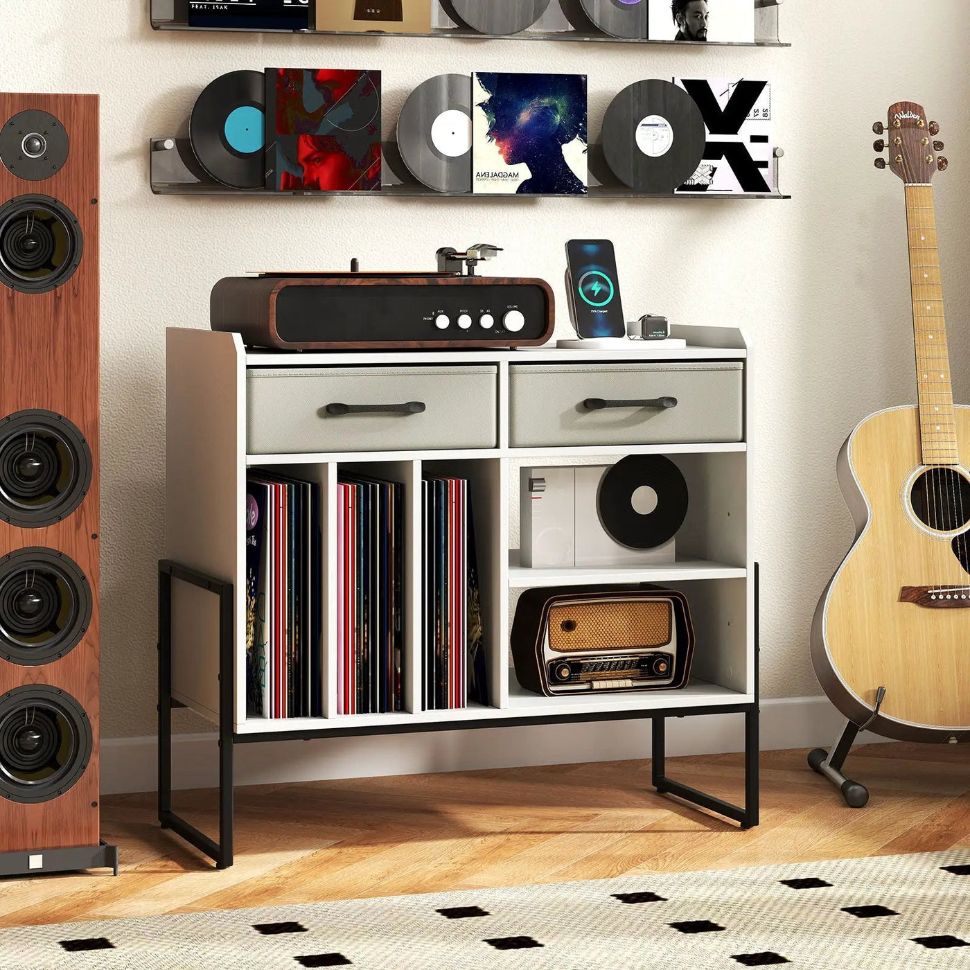 Large Record Player Stand with Charging Station Mid Century Modern Vinyl Storage Cabinet by DirectDeals