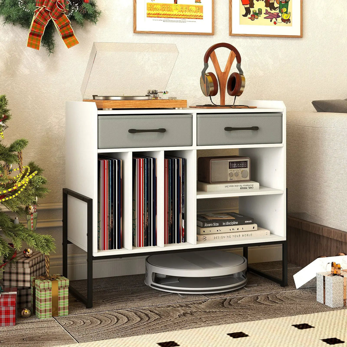 Large Record Player Stand with Charging Station Mid Century Modern Vinyl Storage Cabinet by DirectDeals