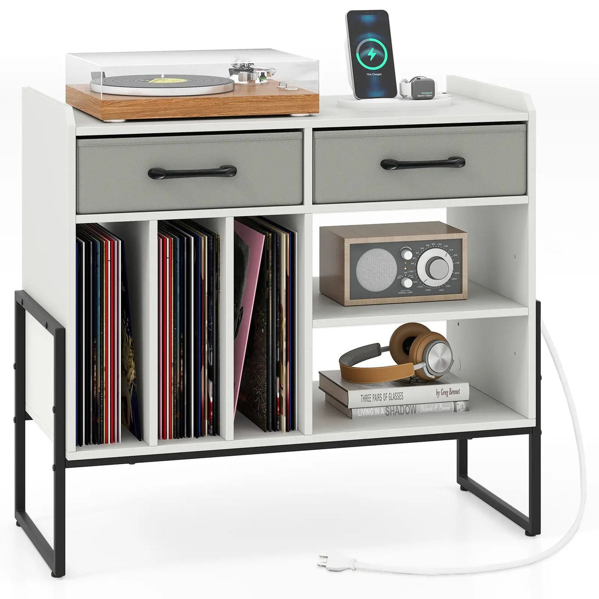 Large Record Player Stand with Charging Station Mid Century Modern Vinyl Storage Cabinet by DirectDeals