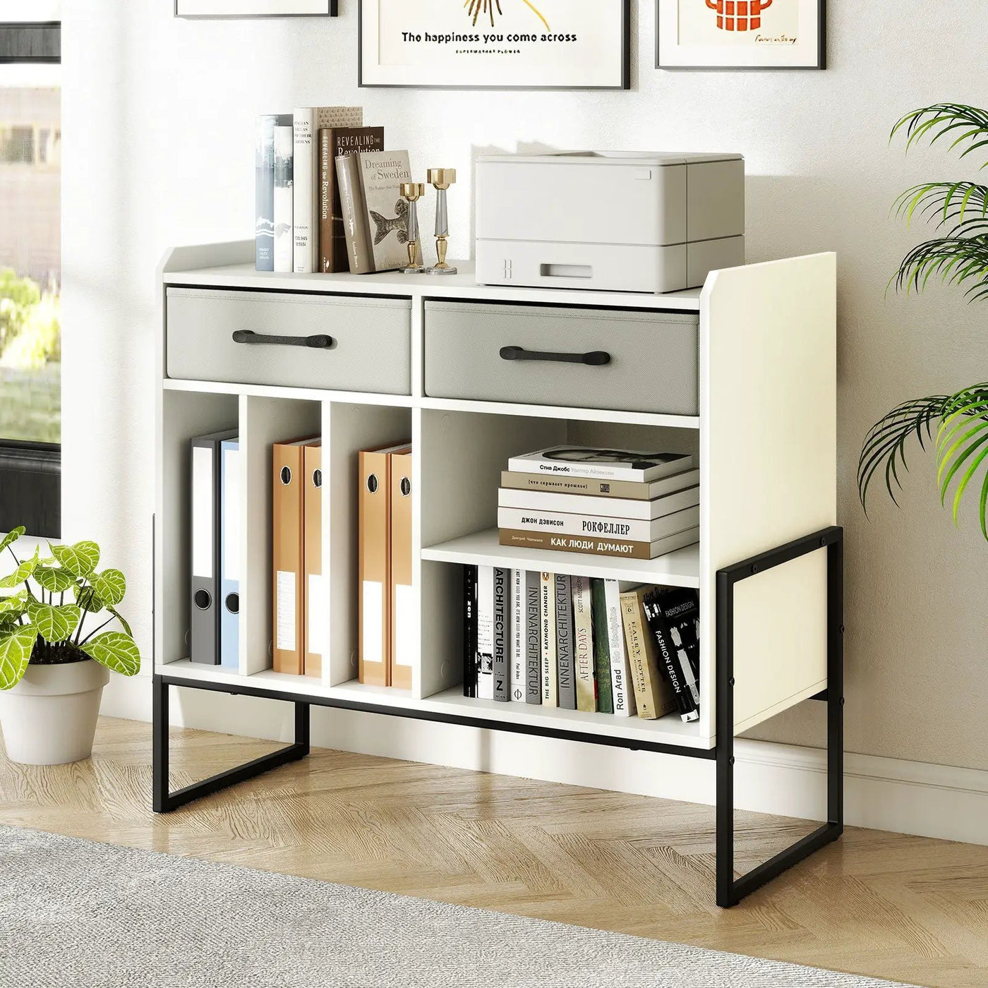 Large Record Player Stand with Charging Station Mid Century Modern Vinyl Storage Cabinet by DirectDeals