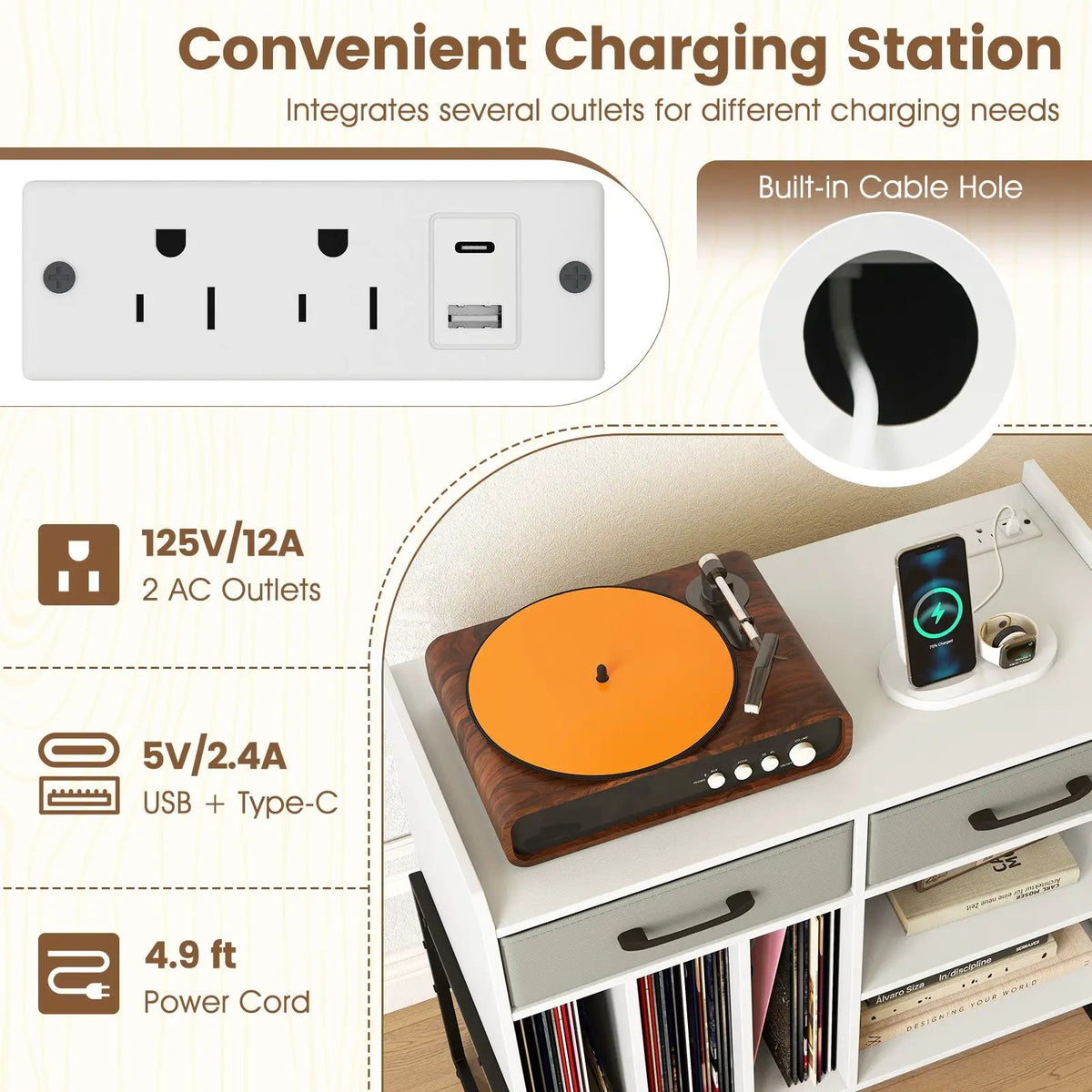 Large Record Player Stand with Charging Station Mid Century Modern Vinyl Storage Cabinet by DirectDeals