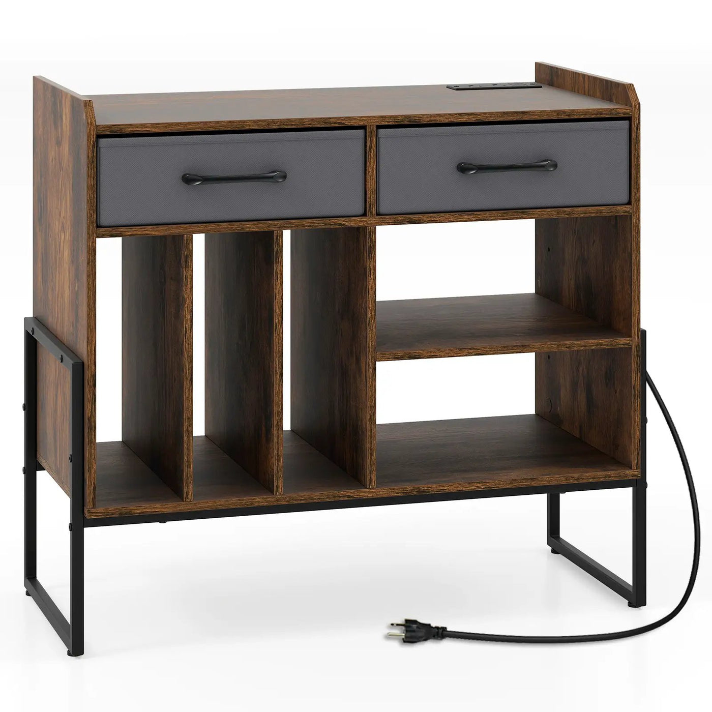Large Record Player Stand with Charging Station Mid Century Modern Vinyl Storage Cabinet by DirectDeals