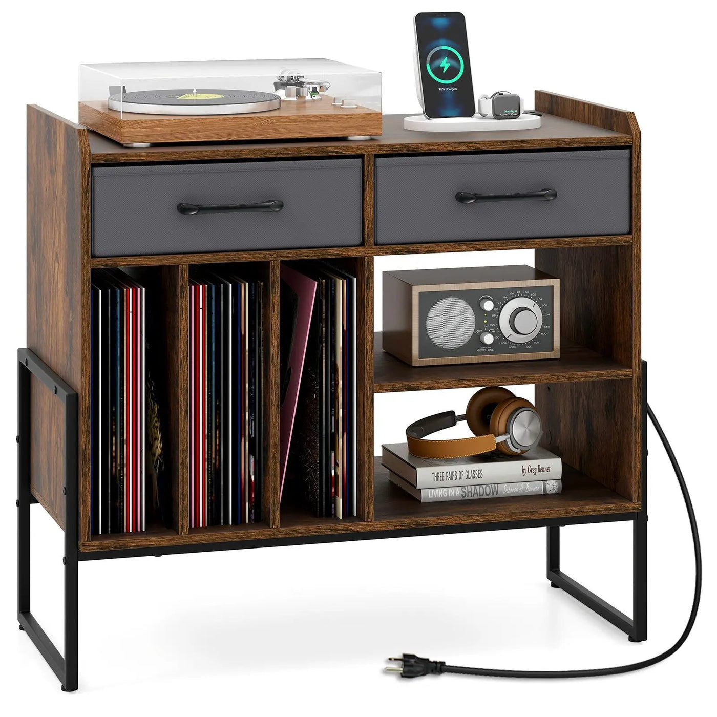 Large Record Player Stand with Charging Station Mid Century Modern Vinyl Storage Cabinet by DirectDeals