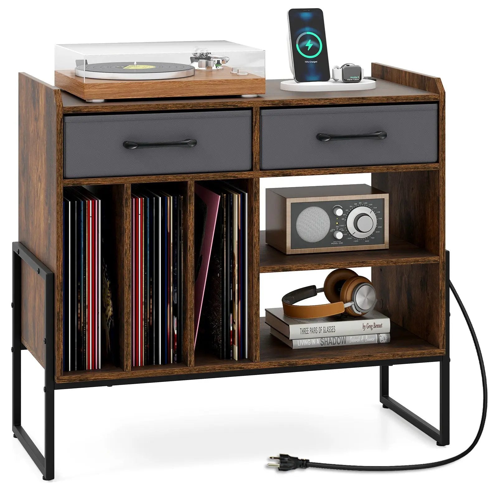 Large Record Player Stand with Charging Station Mid Century Modern Vinyl Storage Cabinet by DirectDeals