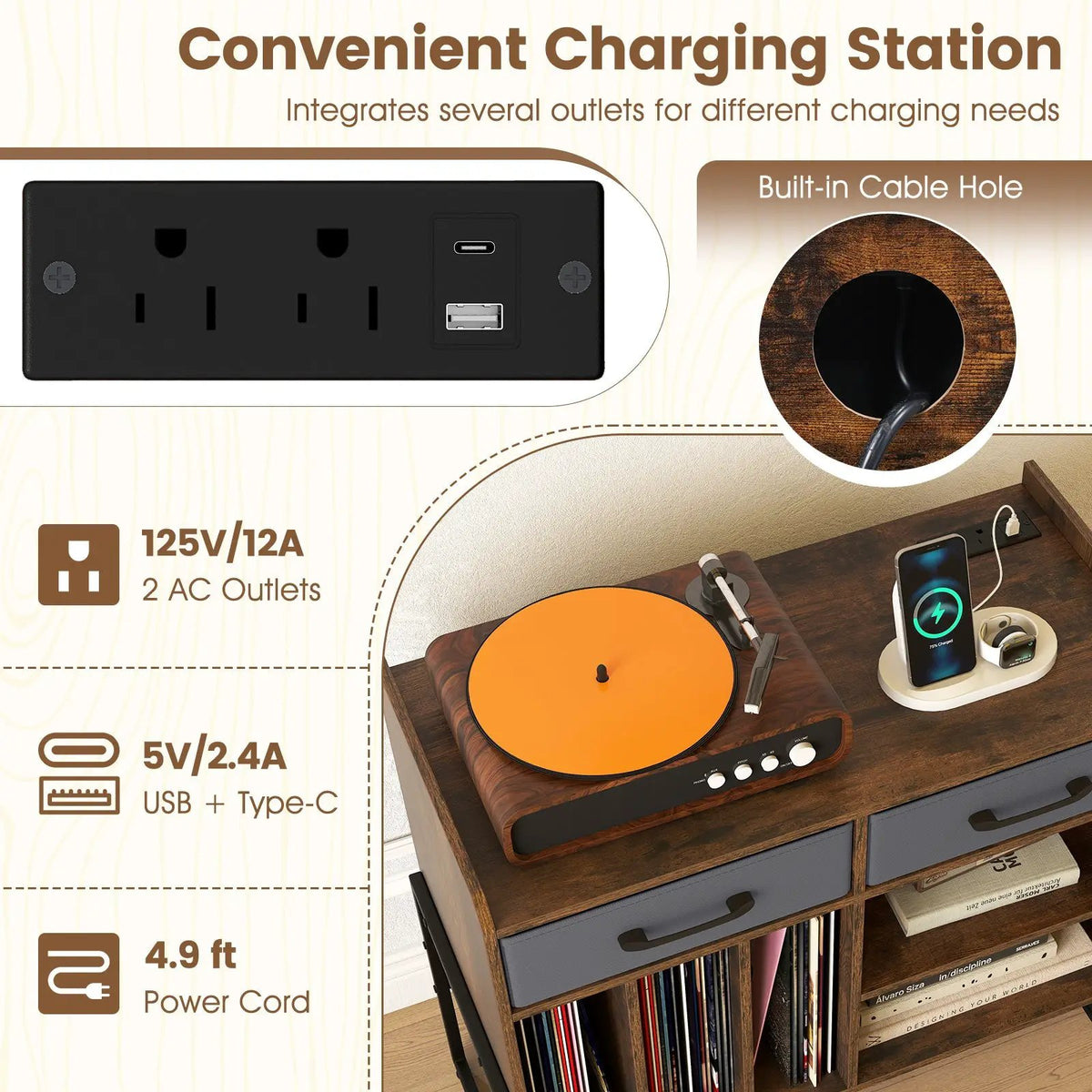 Large Record Player Stand with Charging Station Mid Century Modern Vinyl Storage Cabinet by DirectDeals