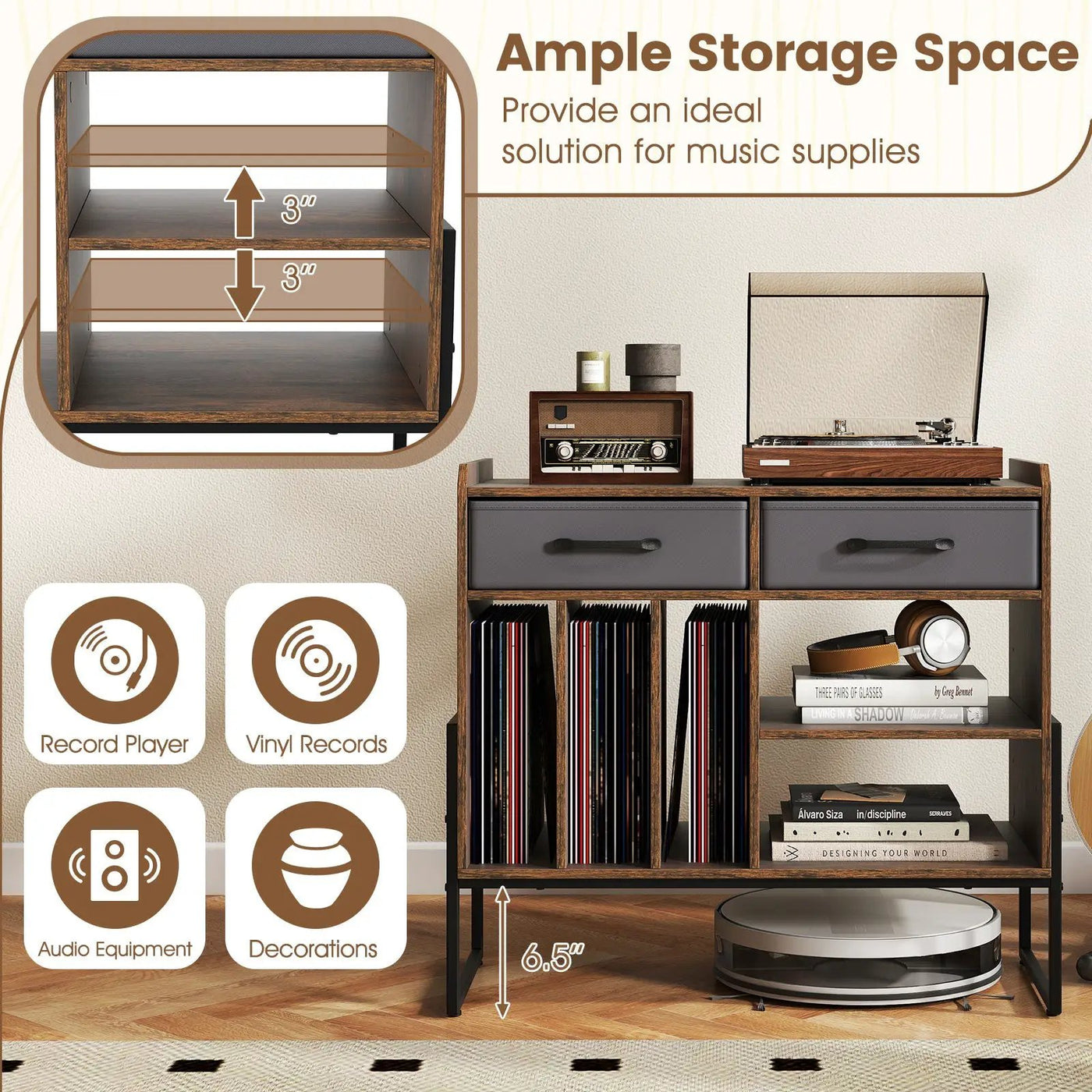 Large Record Player Stand with Charging Station Mid Century Modern Vinyl Storage Cabinet by DirectDeals