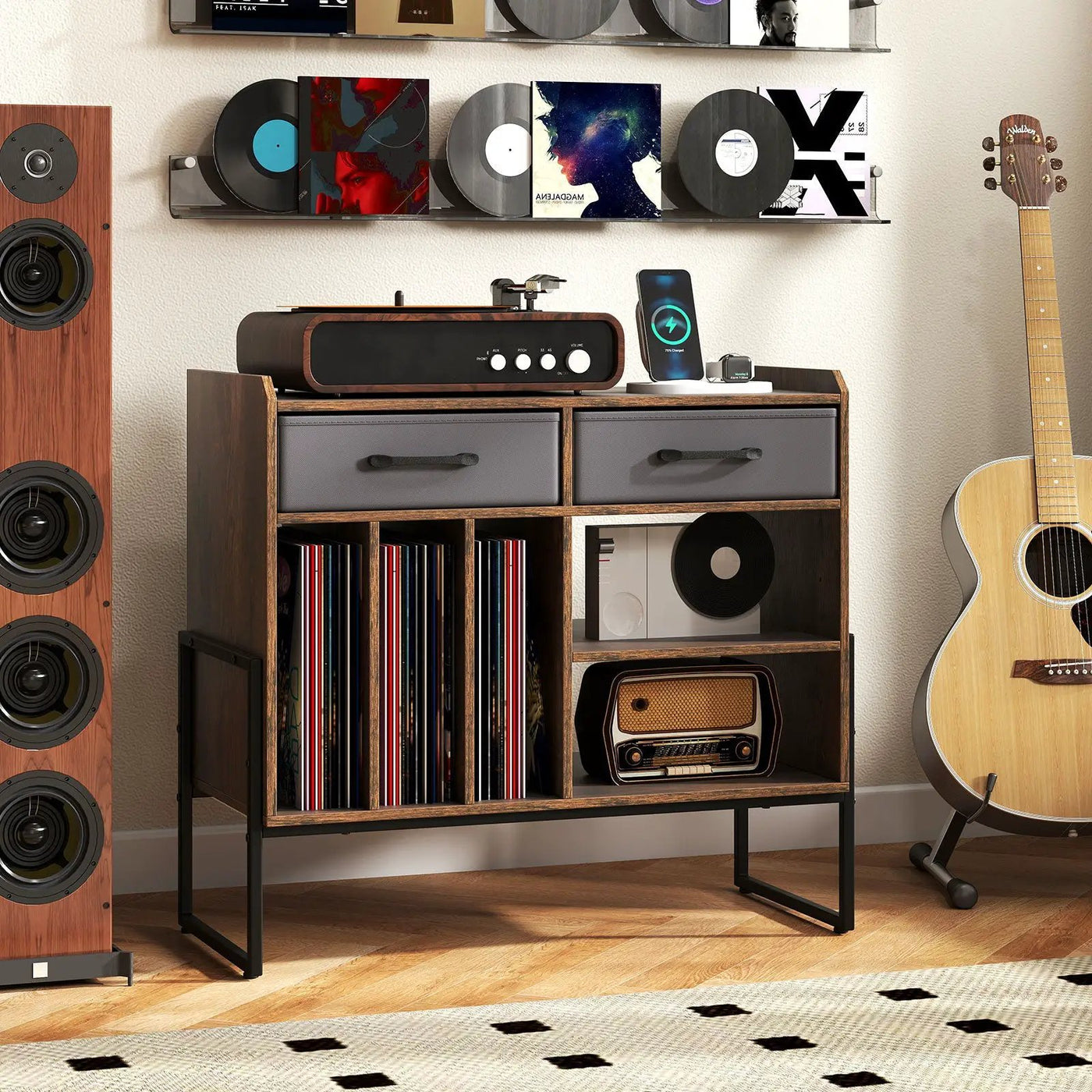 Large Record Player Stand with Charging Station Mid Century Modern Vinyl Storage Cabinet by DirectDeals