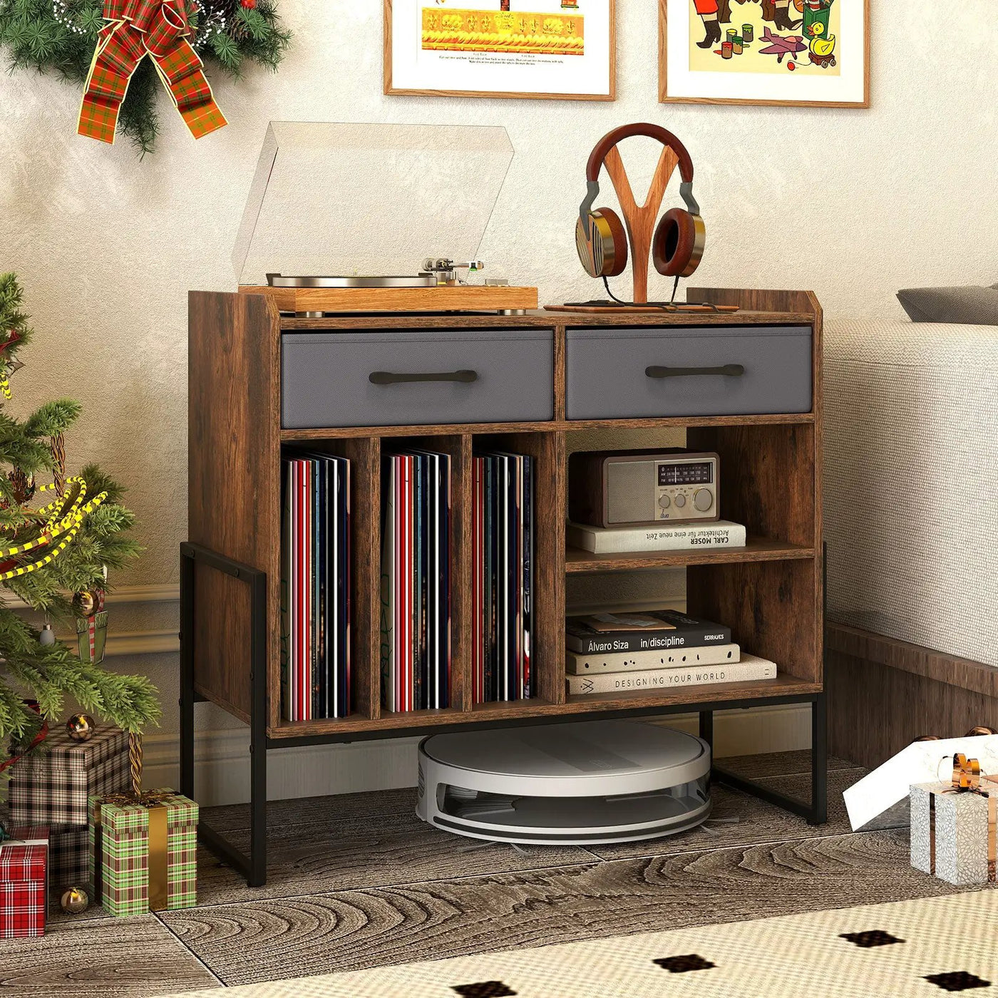 Large Record Player Stand with Charging Station Mid Century Modern Vinyl Storage Cabinet by DirectDeals