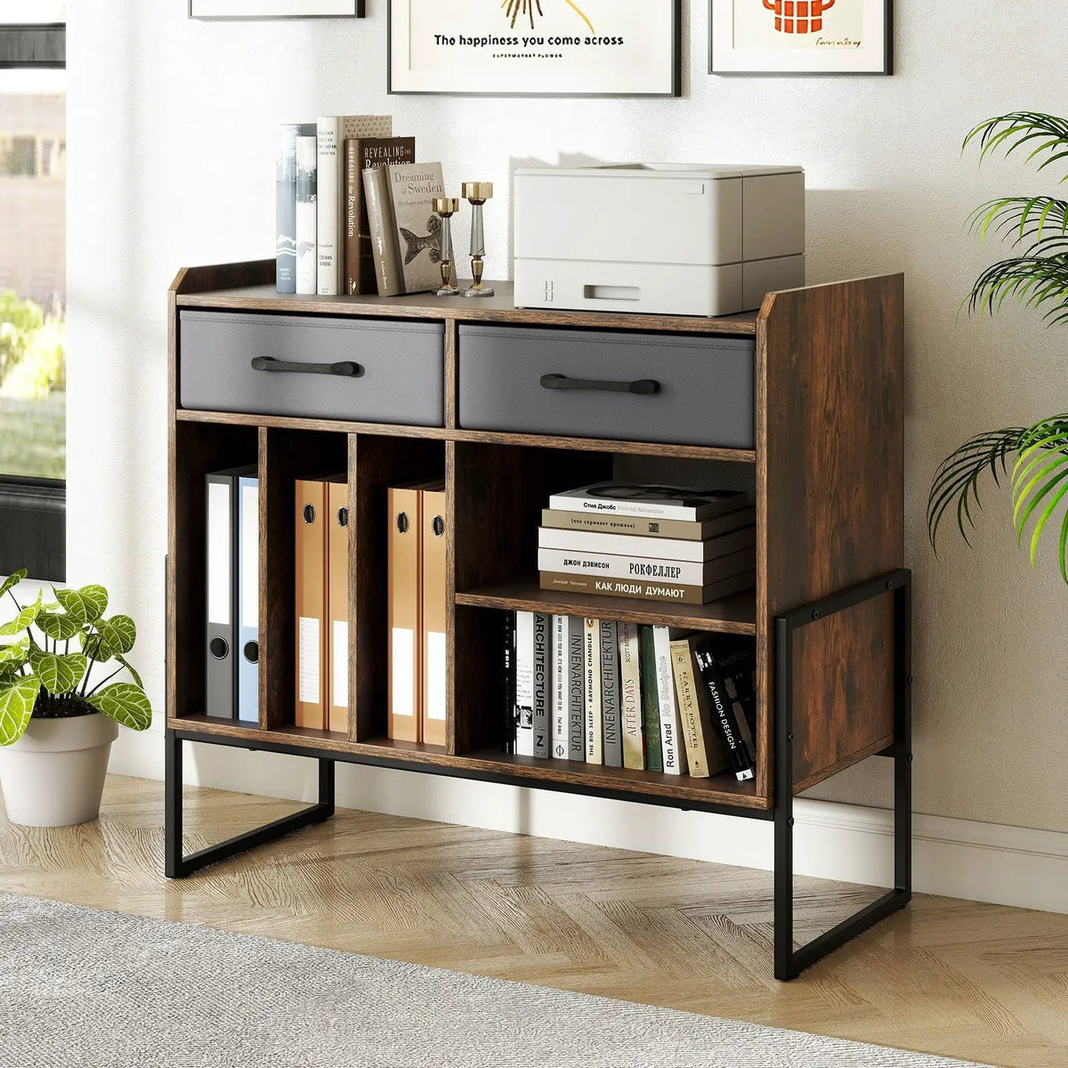 Large Record Player Stand with Charging Station Mid Century Modern Vinyl Storage Cabinet by DirectDeals