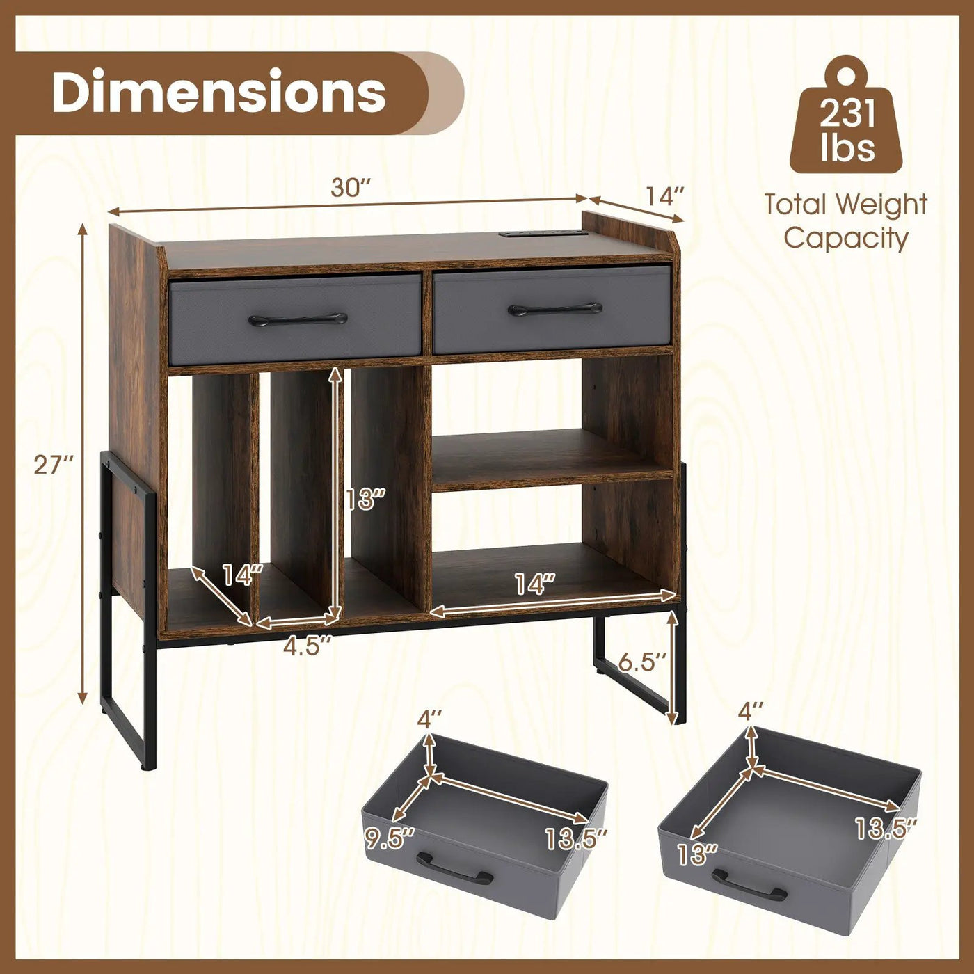 Large Record Player Stand with Charging Station Mid Century Modern Vinyl Storage Cabinet by DirectDeals