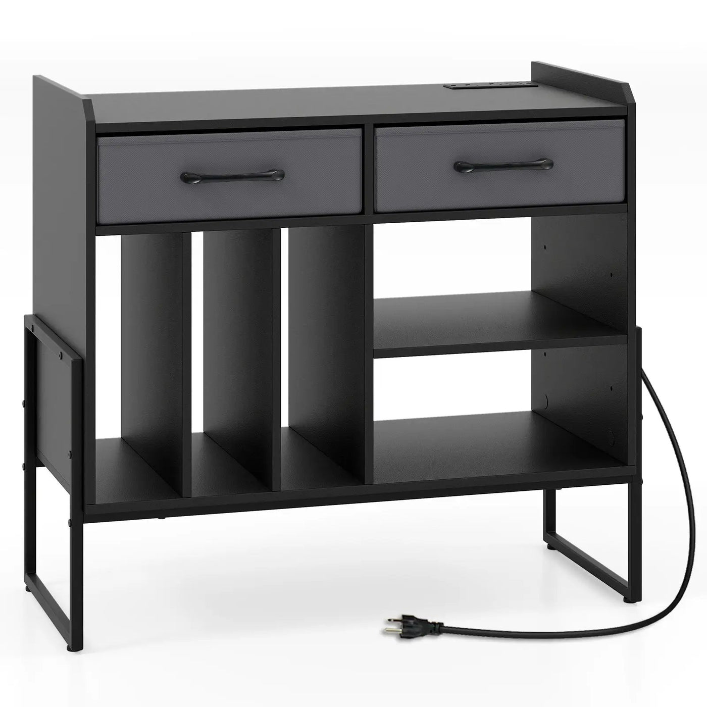 Large Record Player Stand with Charging Station Mid Century Modern Vinyl Storage Cabinet by DirectDeals