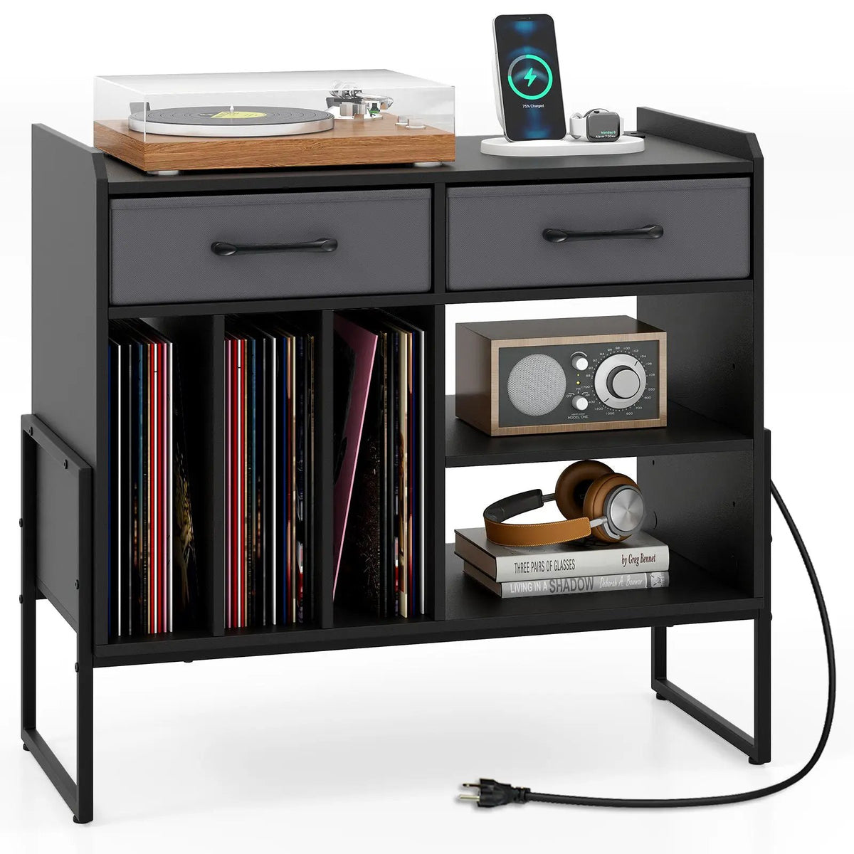 Large Record Player Stand with Charging Station Mid Century Modern Vinyl Storage Cabinet by DirectDeals
