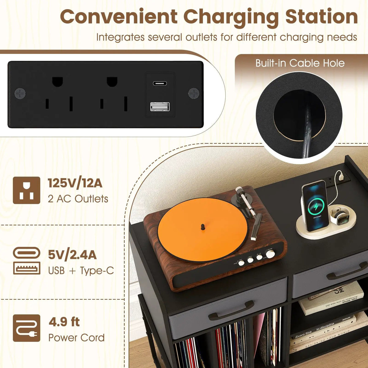 Large Record Player Stand with Charging Station Mid Century Modern Vinyl Storage Cabinet by DirectDeals