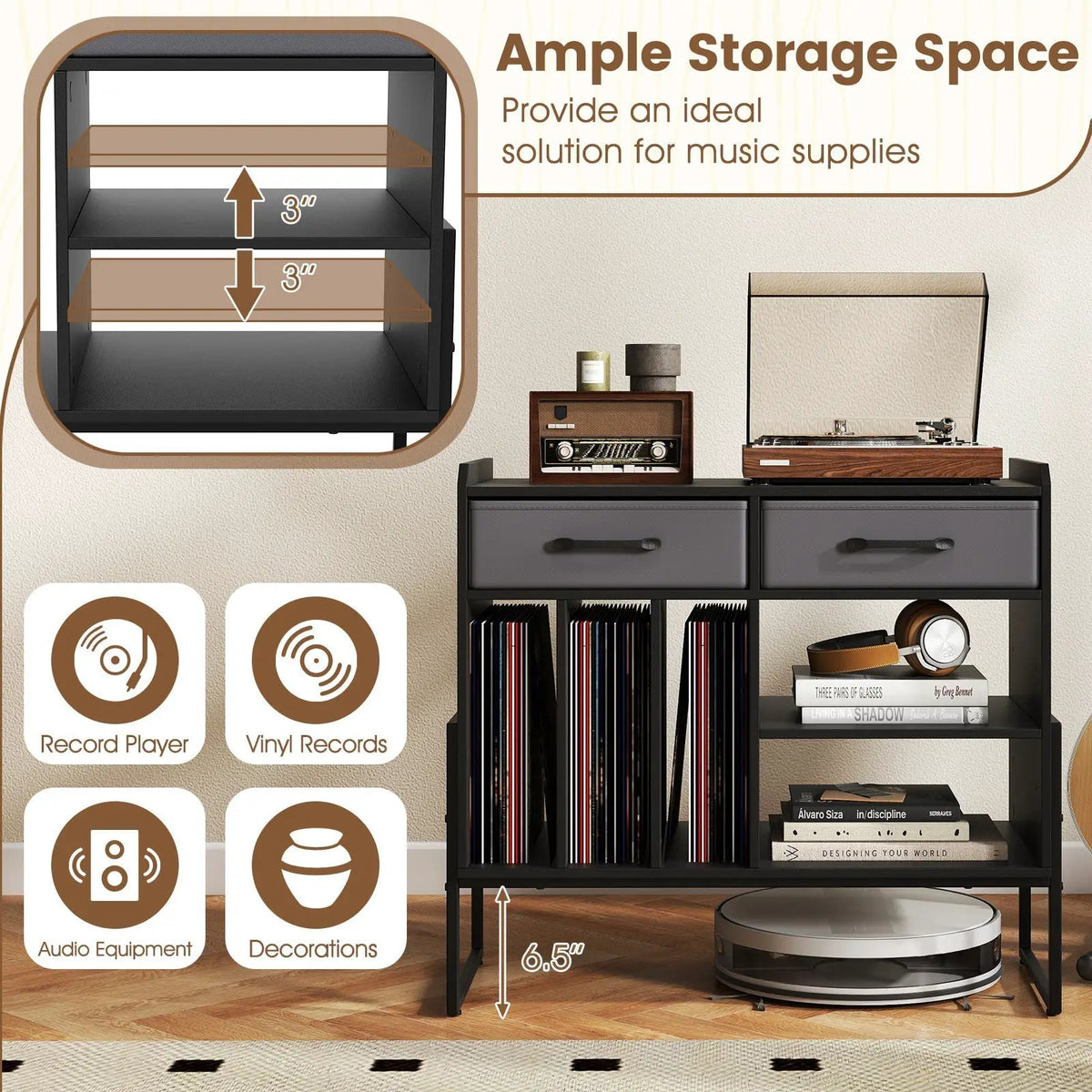Large Record Player Stand with Charging Station Mid Century Modern Vinyl Storage Cabinet by DirectDeals