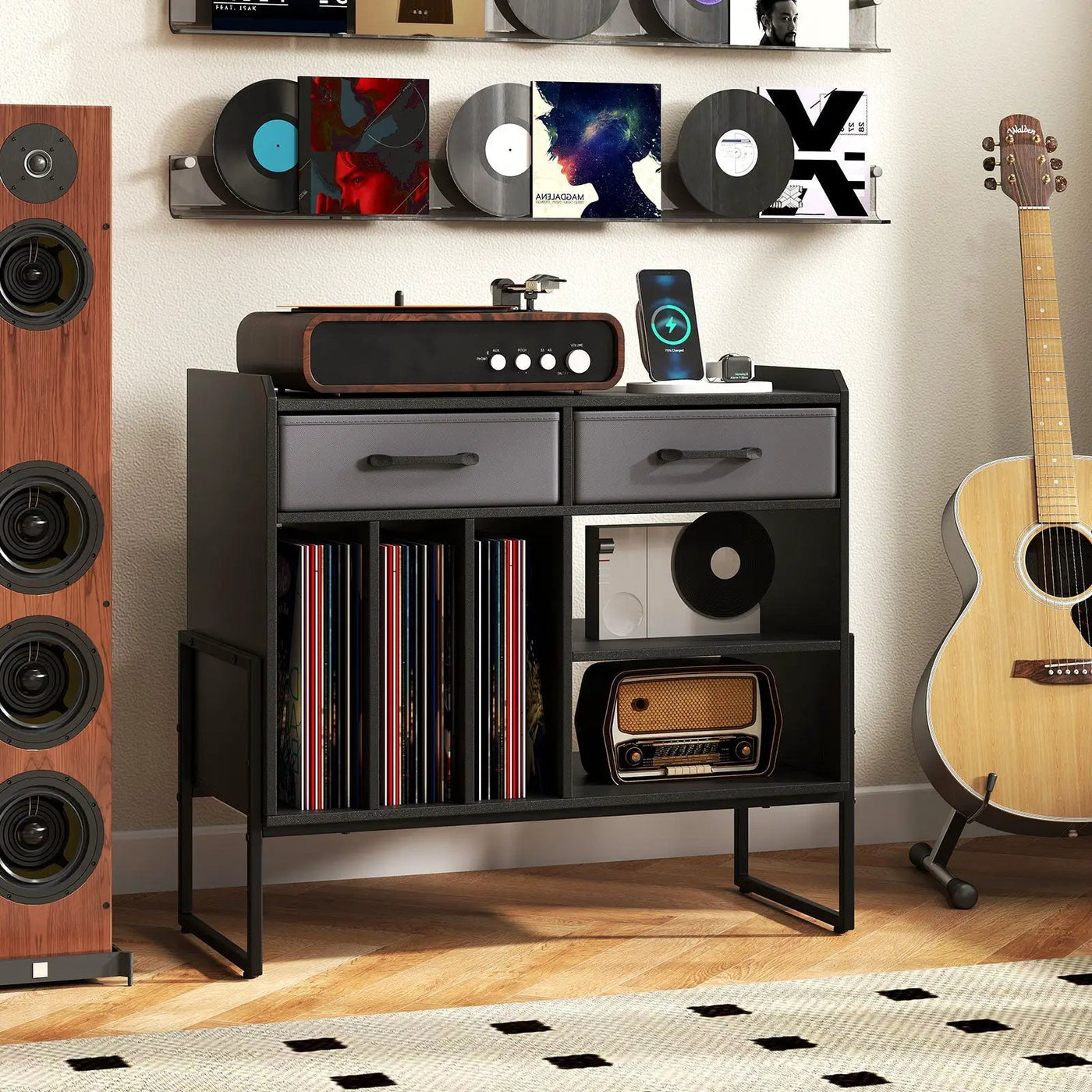 Large Record Player Stand with Charging Station Mid Century Modern Vinyl Storage Cabinet by DirectDeals