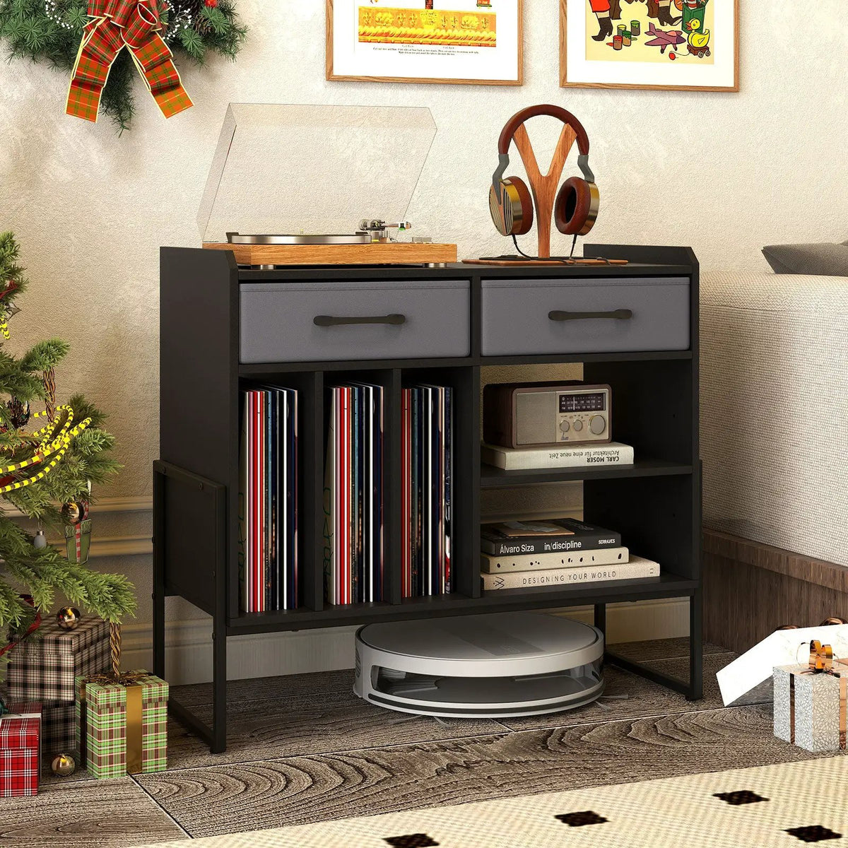 Large Record Player Stand with Charging Station Mid Century Modern Vinyl Storage Cabinet by DirectDeals